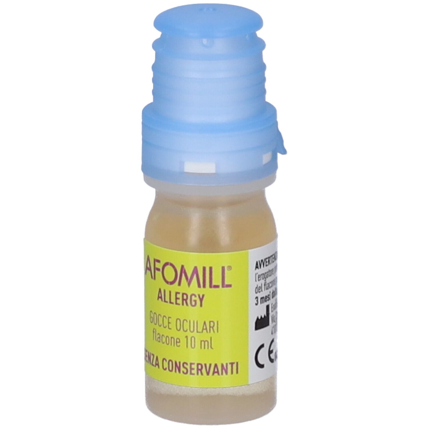 Flacone piccolo con tappo blu. Scritta: AFOMILL ALLERGY, Gocce Oculari, flacone 10 ml, SENZA CONSERVANTI. Etichetta con informazioni.