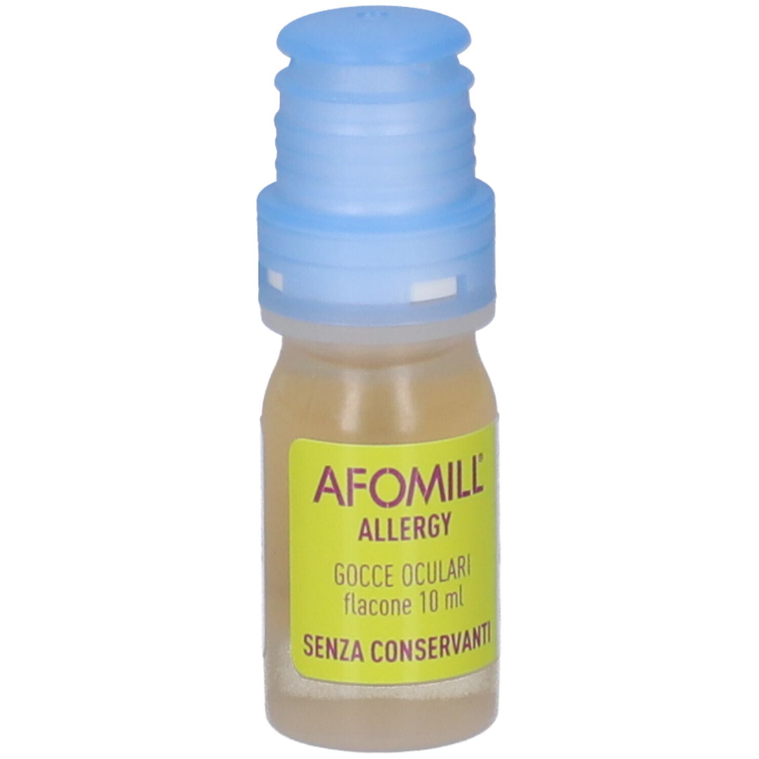 Flacone piccolo con tappo blu. Scritta: AFOMILL ALLERGY, Gocce Oculari, flacone 10 ml, SENZA CONSERVANTI.