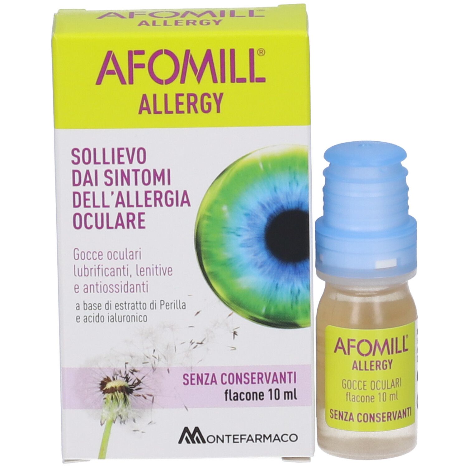 Confezione e flacone. Scritta: AFOMILL ALLERGY, Gocce Oculari, flacone 10 ml, SENZA CONSERVANTI. Immagine di un occhio.