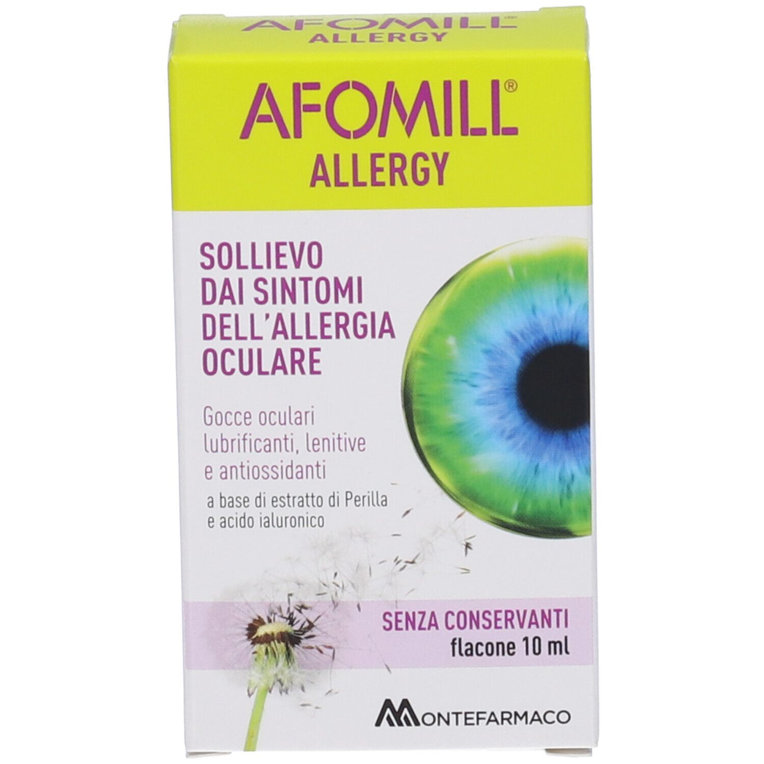 Confezione del prodotto. Scritta: AFOMILL ALLERGY, Gocce Oculari, flacone 10 ml, SENZA CONSERVANTI. Immagine di un occhio.