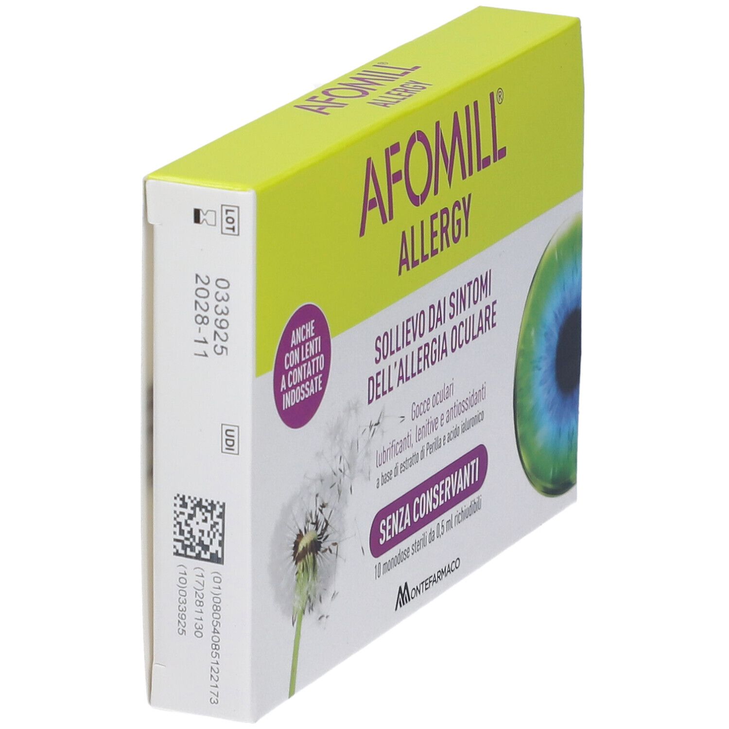Scatola AFOMILL ALLERGY in prospettiva. Contiene gocce oculari. Scritto: Senza conservanti. Con numero di lotto.