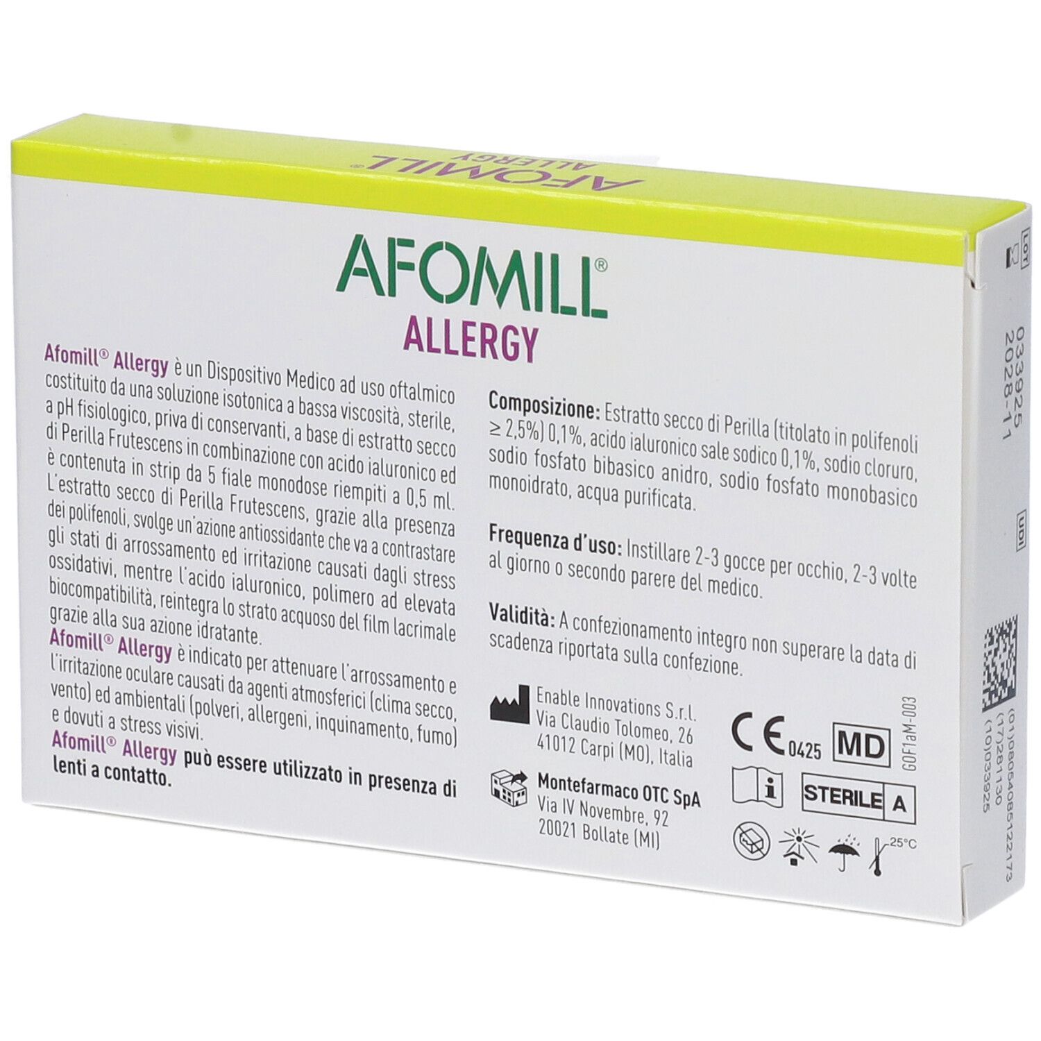 Retro della scatola AFOMILL ALLERGY. Testo su ingredienti, uso e produttore. Con marchio CE.