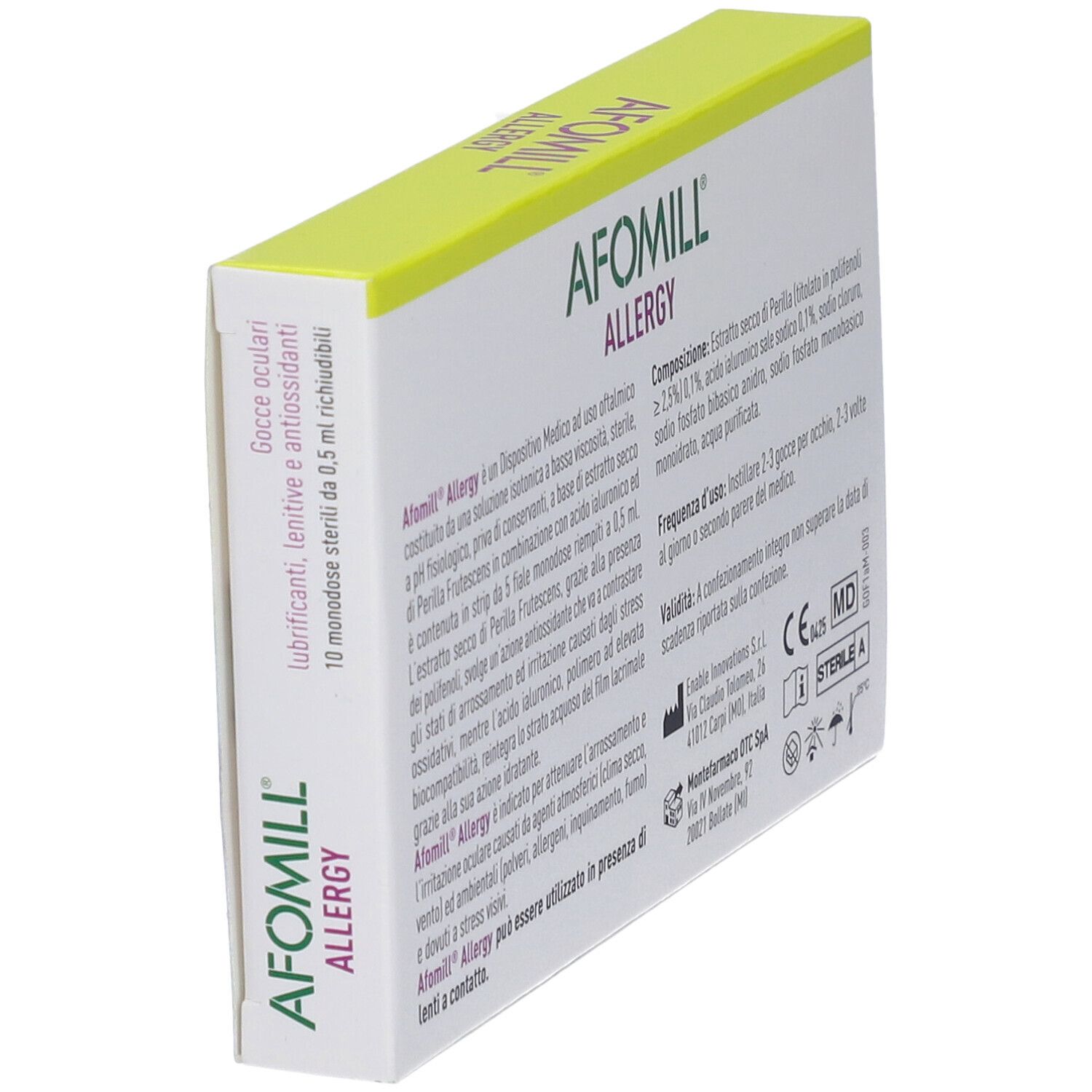 Scatola AFOMILL ALLERGY in prospettiva. Retro con testo su ingredienti e produttore. Con marchio CE.