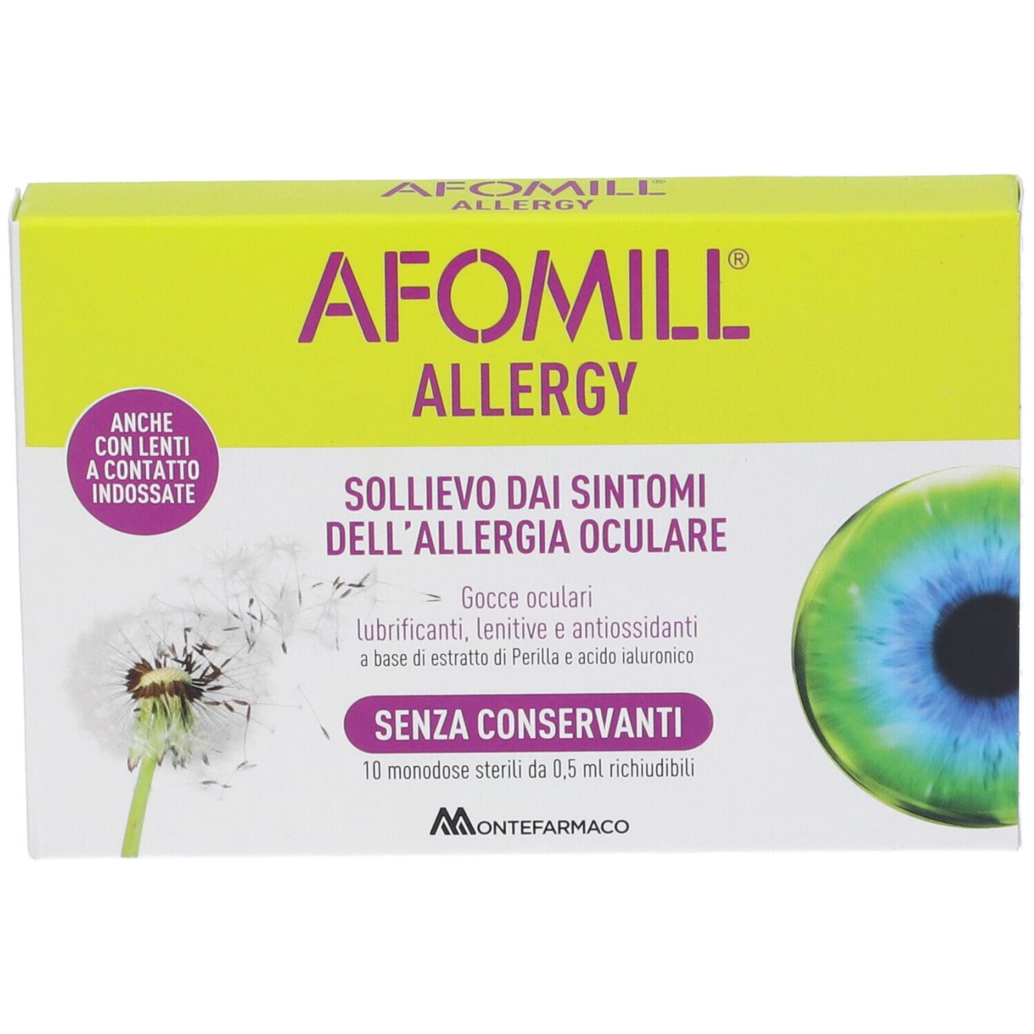 Scatola AFOMILL ALLERGY. Contiene gocce oculari. Scritto: Senza conservanti. Immagine di un occhio.