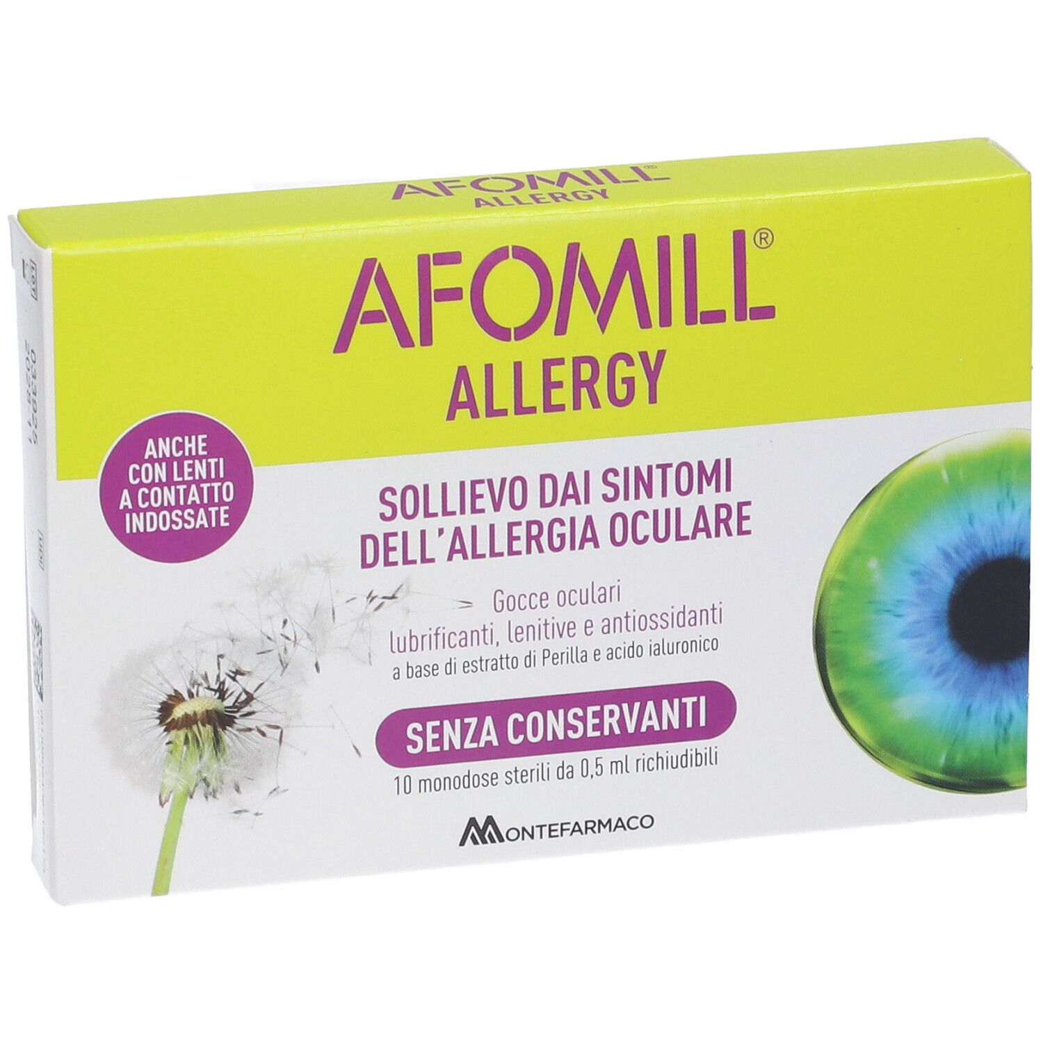 Scatola AFOMILL ALLERGY. Contiene gocce oculari. Scritto: Senza conservanti. Immagine di un occhio.