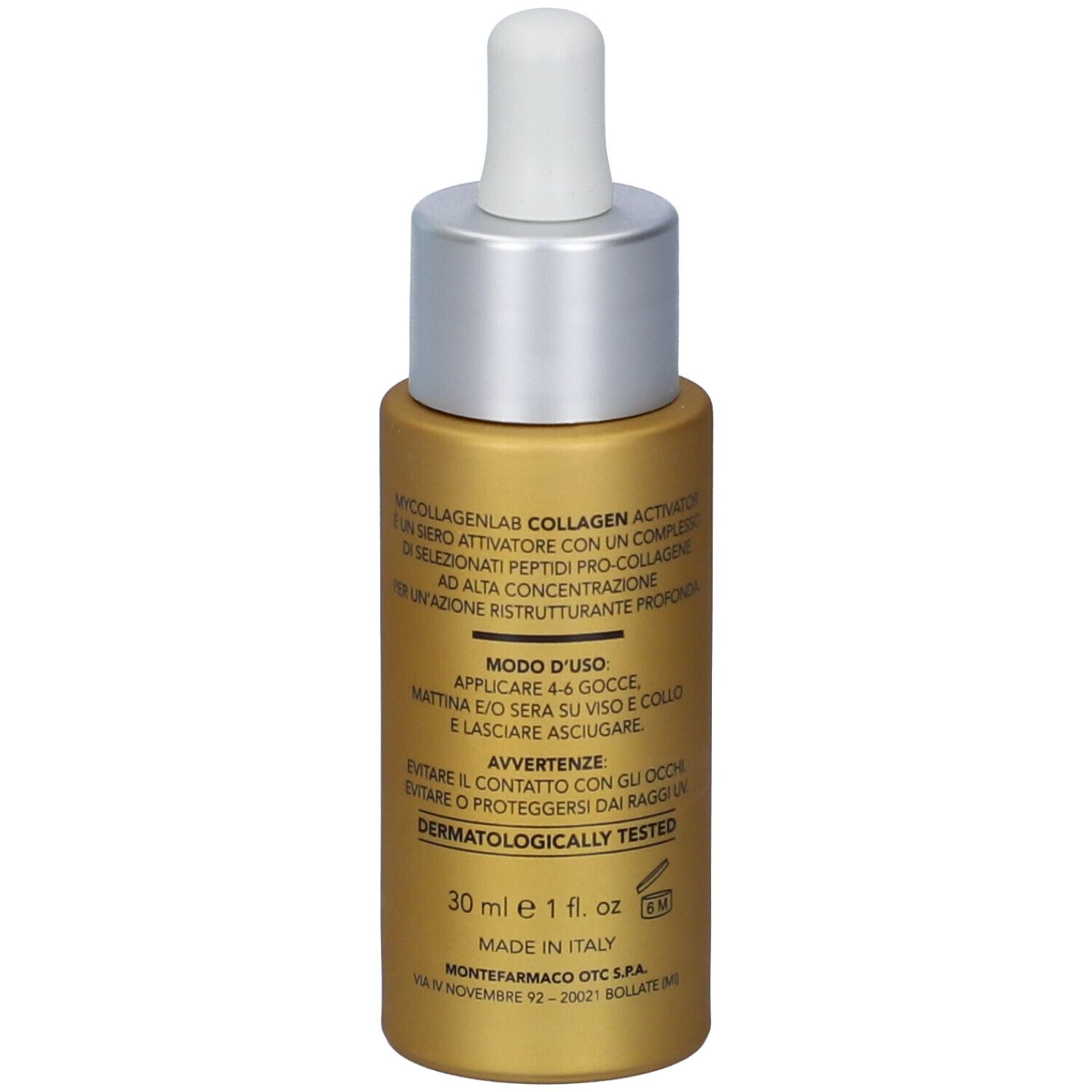 Retro di un flacone di siero dorato, etichetta "30 ml 1 fl. oz", "Made in Italy", "Dermatologically Tested".