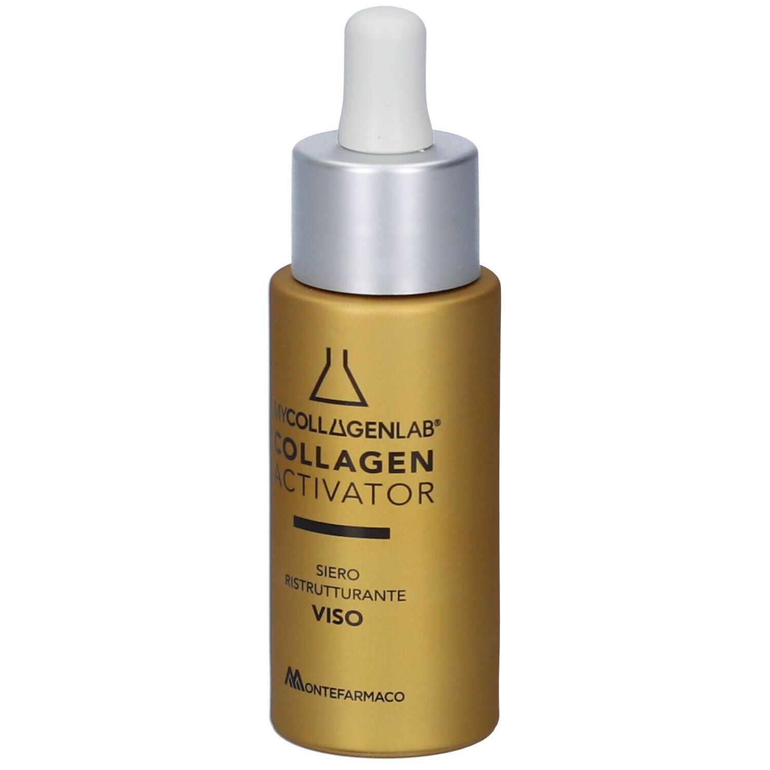 Flacone dorato con tappo contagocce, etichetta "Mycollagenlab Collagen Activator Siero Ristrutturante Viso".