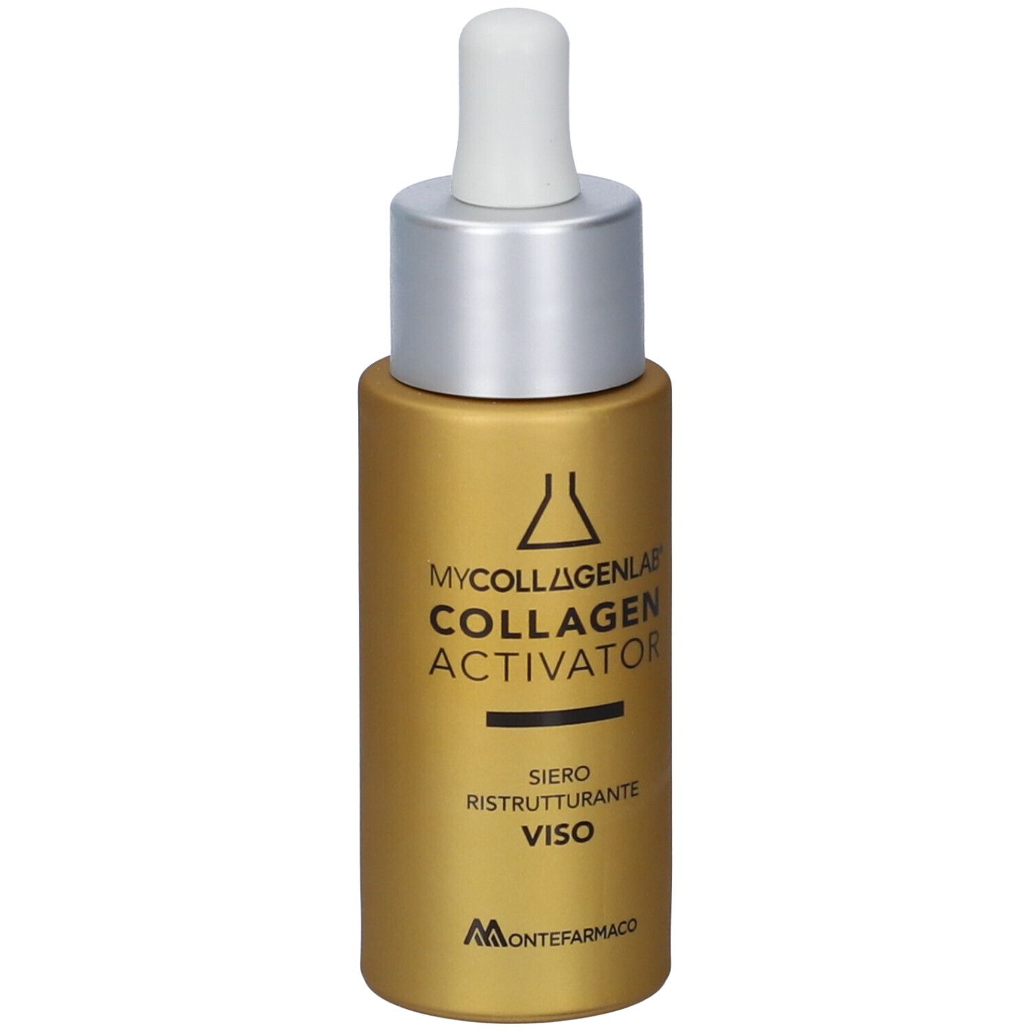 Flacone dorato con tappo contagocce, etichetta "Mycollagenlab Collagen Activator Siero Ristrutturante Viso".