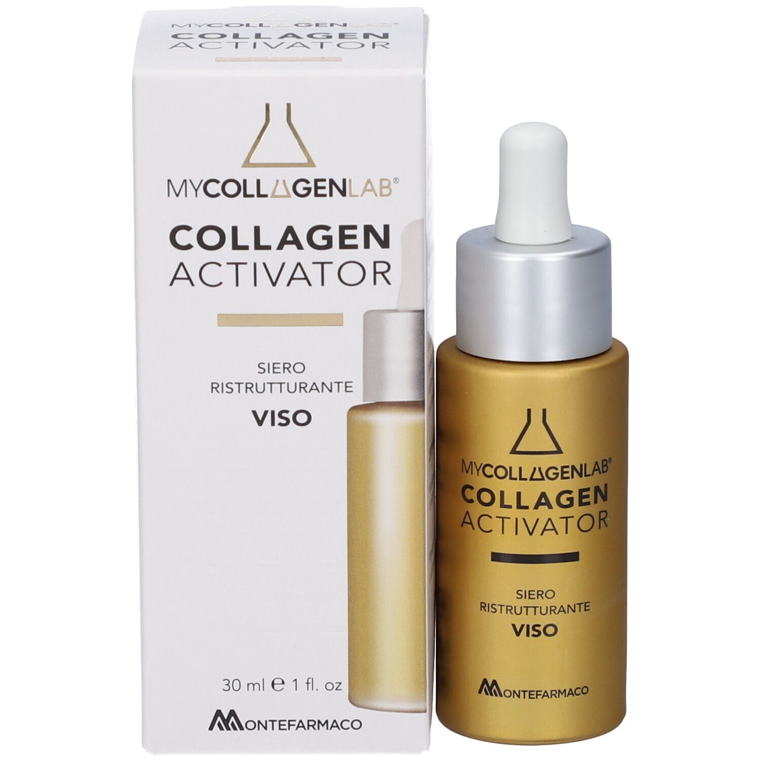 Flacone di siero dorato accanto alla sua confezione bianca, entrambi etichettati "Mycollagenlab Collagen Activator".
