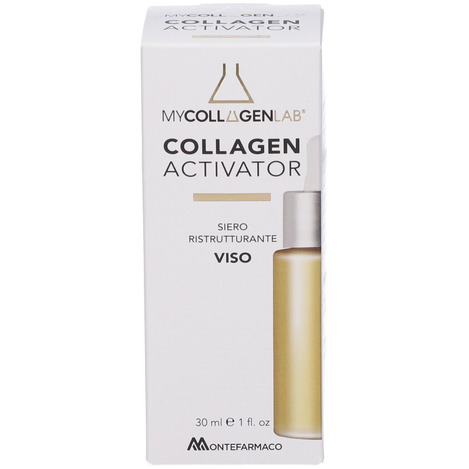 Confezione bianca "Mycollagenlab Collagen Activator" con un flacone di siero dorato accanto.