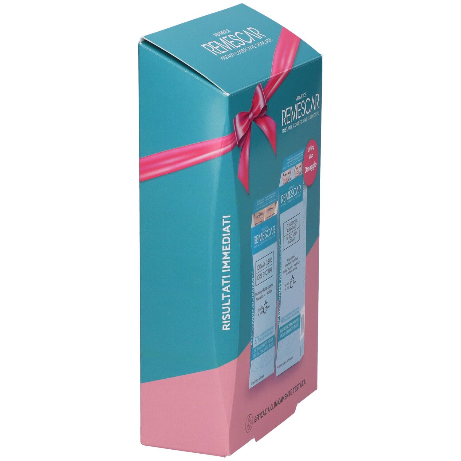 Vista laterale della confezione regalo REMESCAR. Imballaggio turchese e rosa con fiocco. Contiene prodotti per occhi e viso.