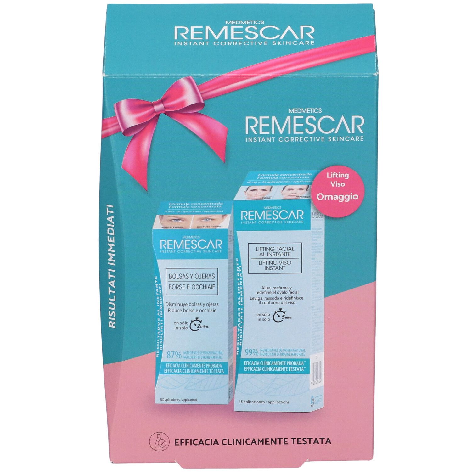 Confezione regalo REMESCAR con due prodotti. Imballaggio turchese e rosa con fiocco. Prodotti per occhi e viso.
