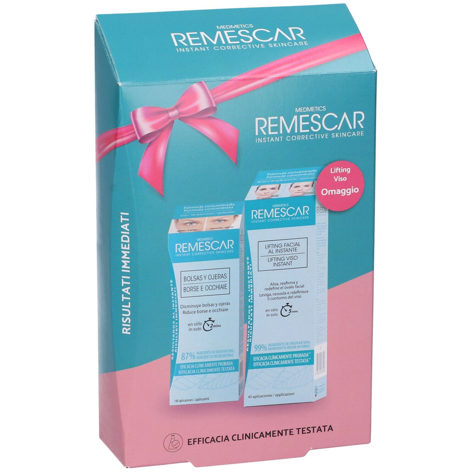 Confezione regalo REMESCAR con due prodotti. Imballaggio turchese e rosa con fiocco. Prodotti per occhi e viso.