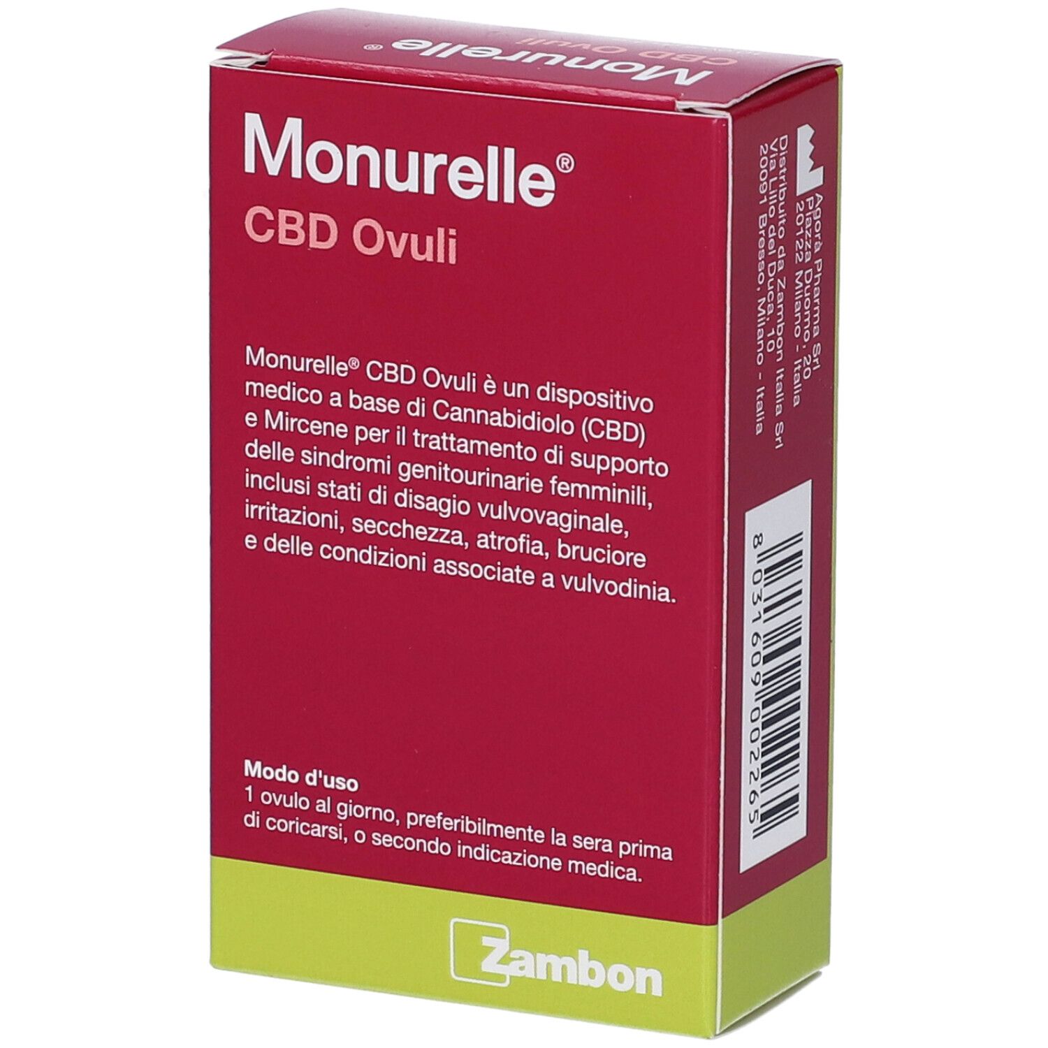 Lato della confezione Monurelle CBD Ovuli con descrizione dettagliata del prodotto e modo d'uso.