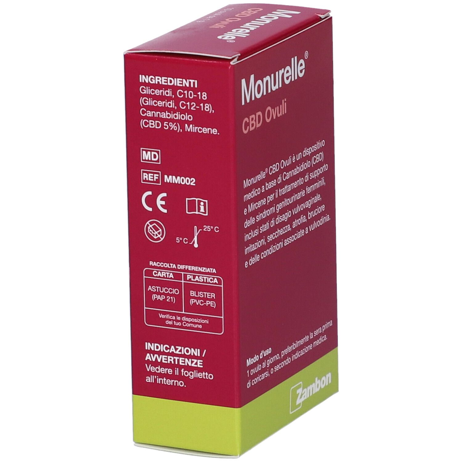 Lato della confezione Monurelle CBD Ovuli con ingredienti, marchio CE e indicazioni.