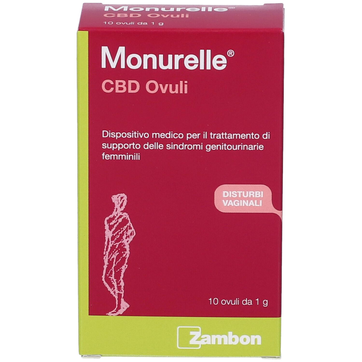 Fronte della confezione Monurelle CBD Ovuli con nome del prodotto e illustrazione di una donna.