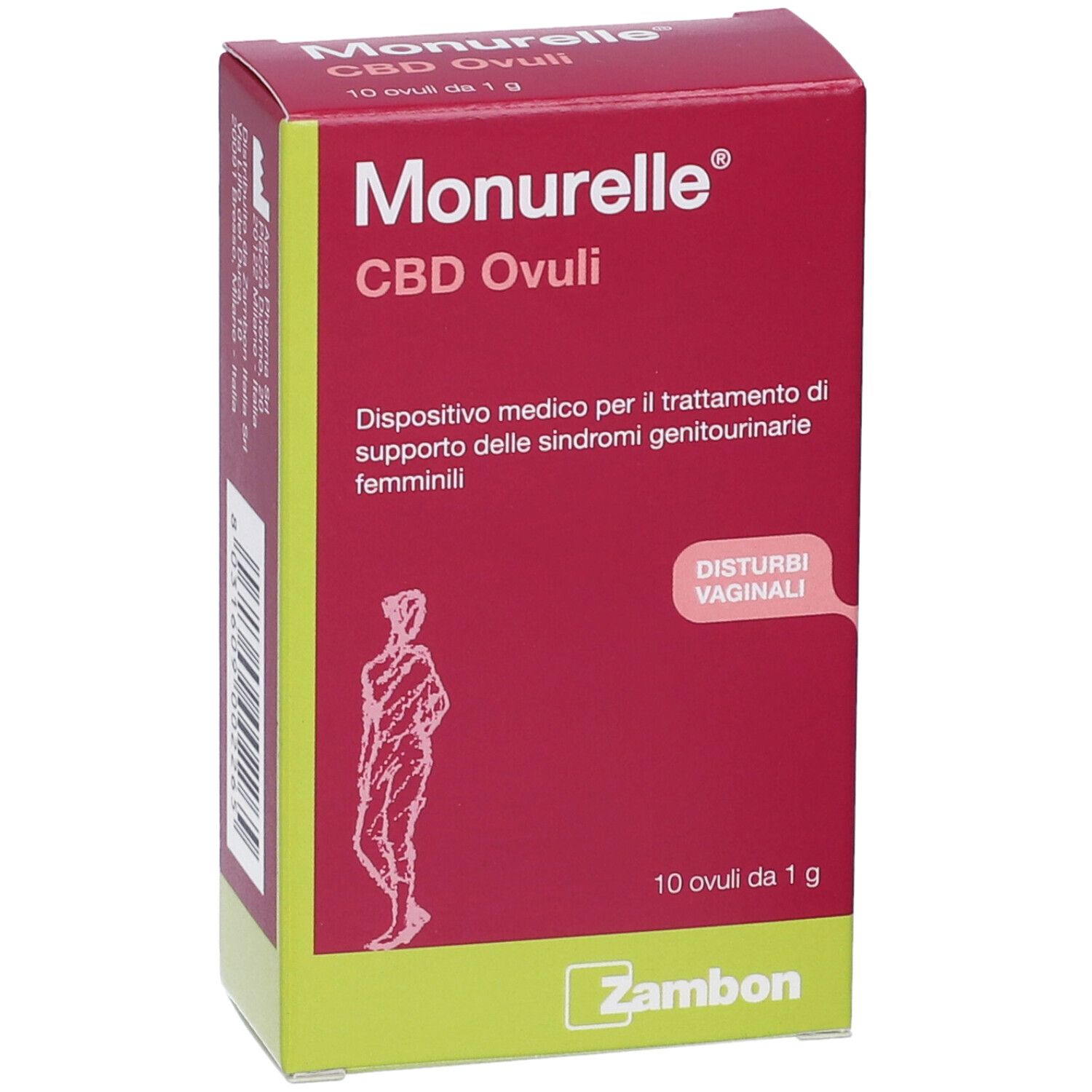Fronte della confezione Monurelle CBD Ovuli, mostra il nome del prodotto e una figura femminile stilizzata.