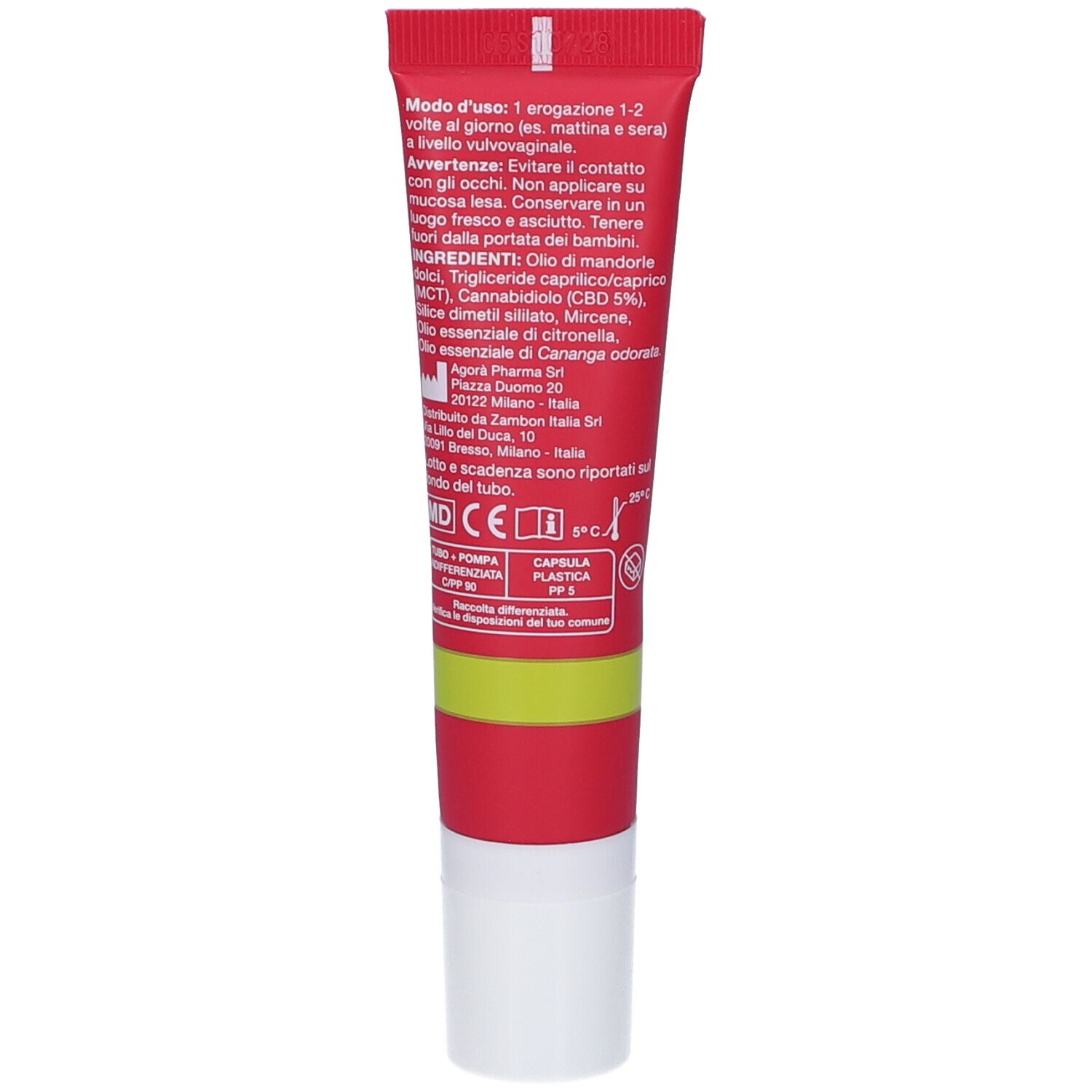 Retro del tubo Monurelle CBD Oleogel con istruzioni per l'uso e ingredienti.