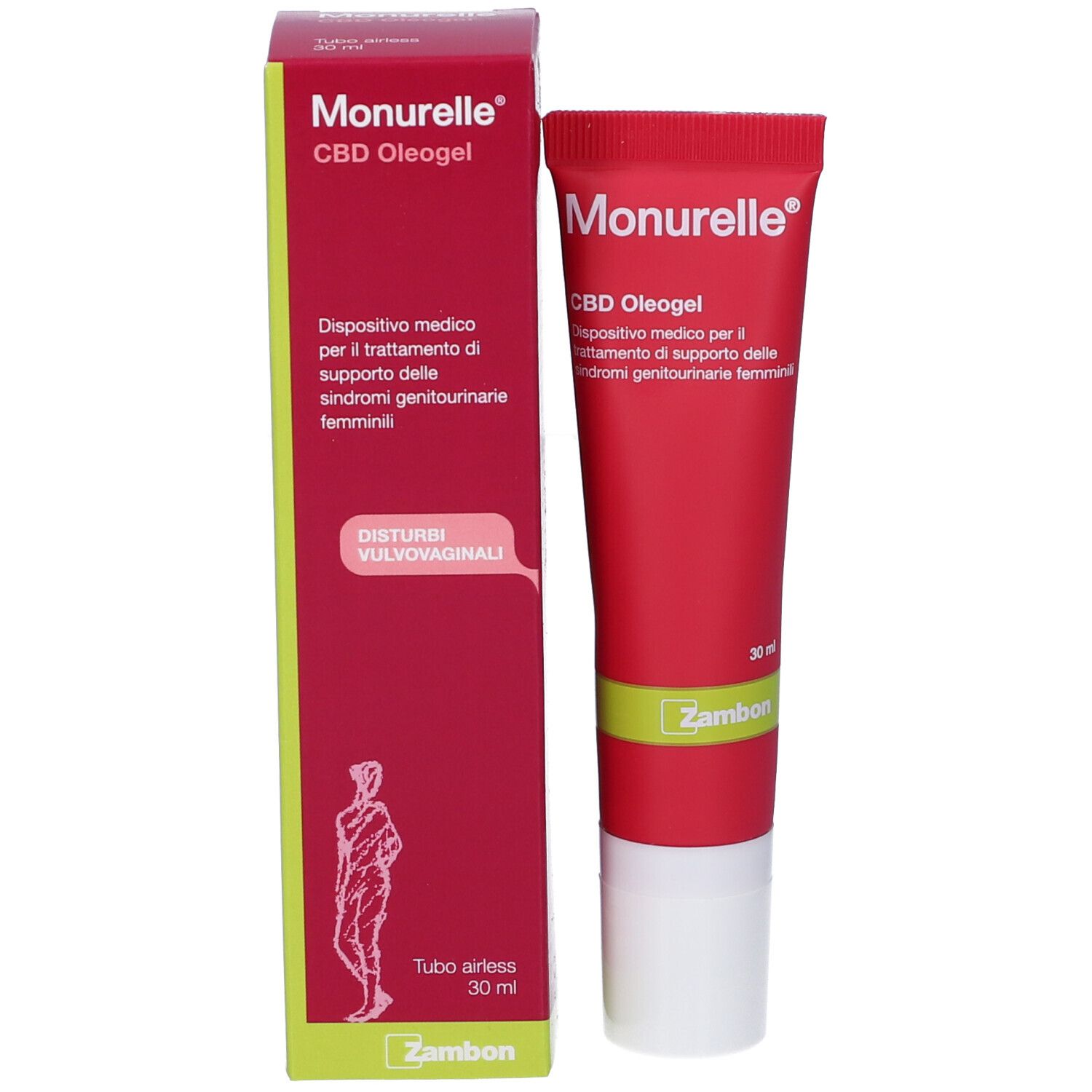 Tubo e confezione Monurelle CBD Oleogel: Tubo rosso accanto a una scatola pieghevole rossa con accenti verdi.