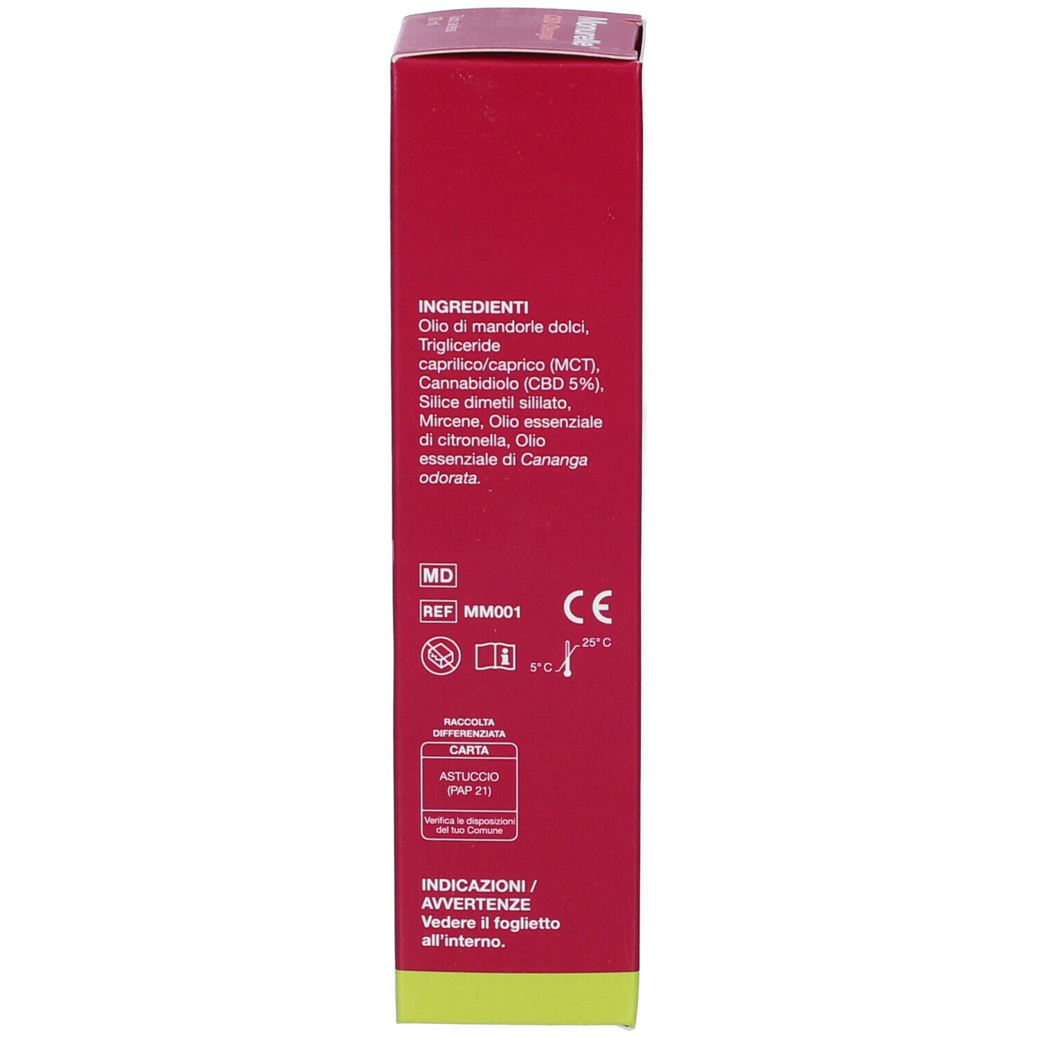 Lato della confezione Monurelle CBD Oleogel con ingredienti, marchio CE e simbolo MD.