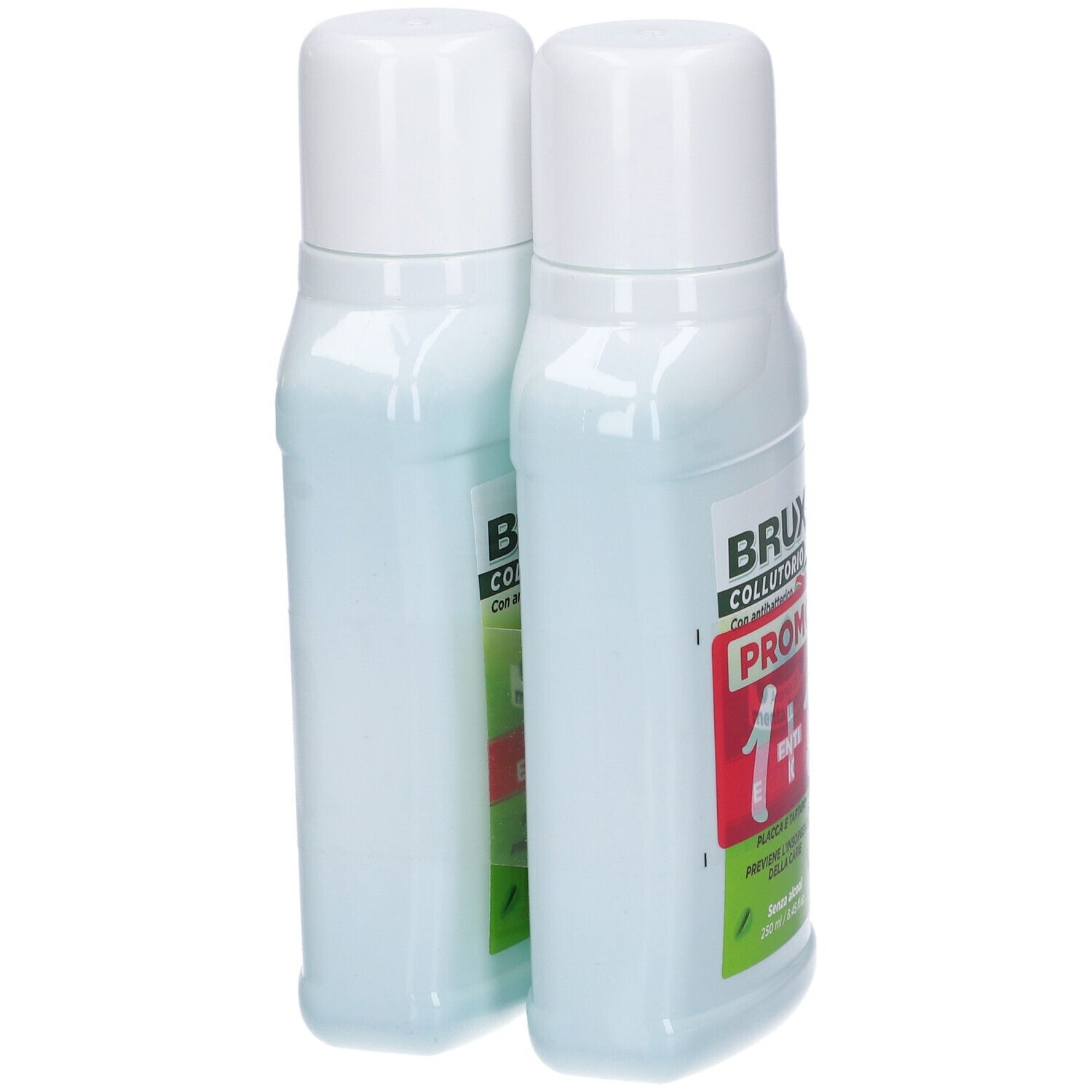Due bottiglie di Brux Collutorio. Flaconi bianchi con tappi bianchi. Etichette con testo. Contenuto azzurro chiaro visibile.
