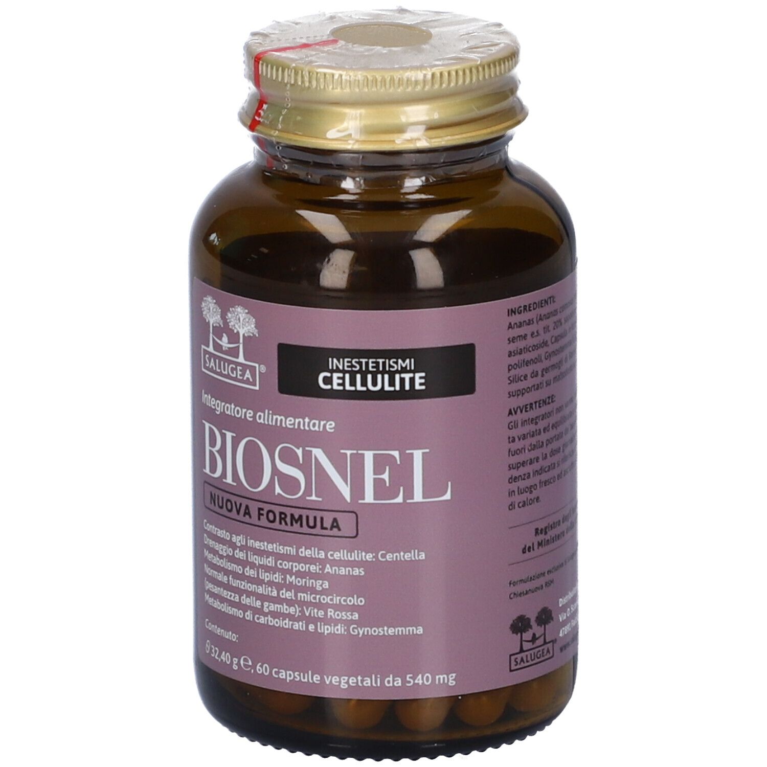 Flacone da 60 capsule vegetali, etichetta con nome del prodotto e indicazioni sulla cellulite.