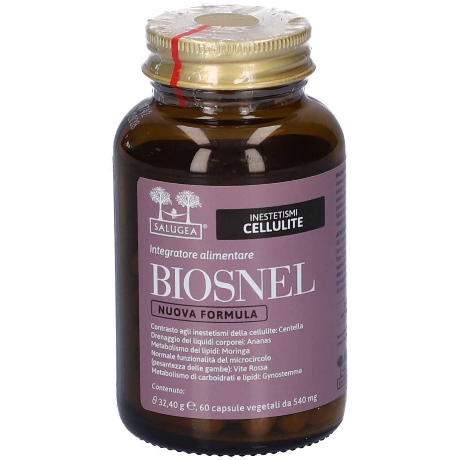 Flacone da 60 capsule vegetali, etichetta con nome del prodotto e indicazioni sulla cellulite.