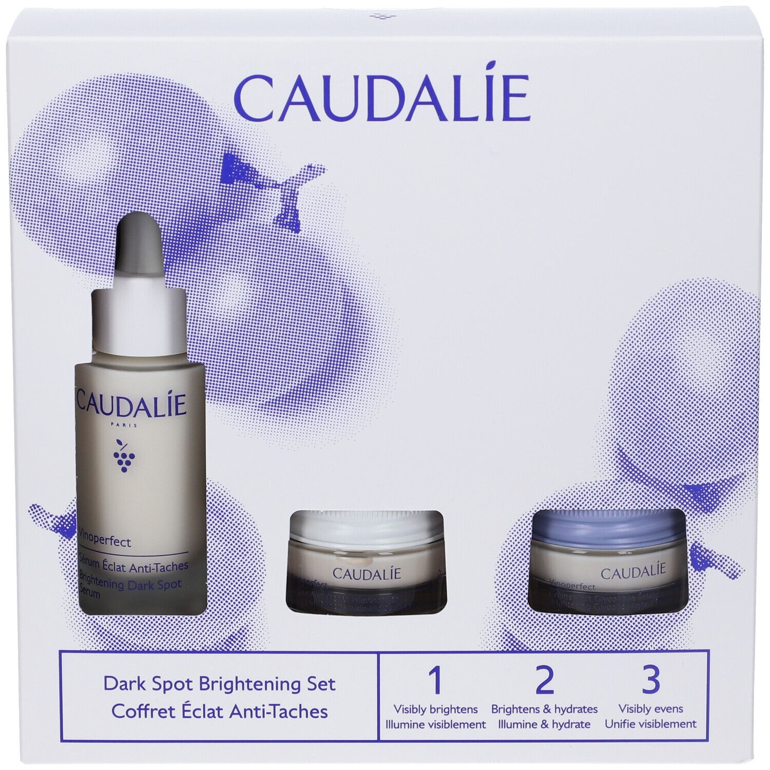 Set regalo Caudalie con tre prodotti cosmetici. Scatola bianca. Set schiarente anti-macchie.