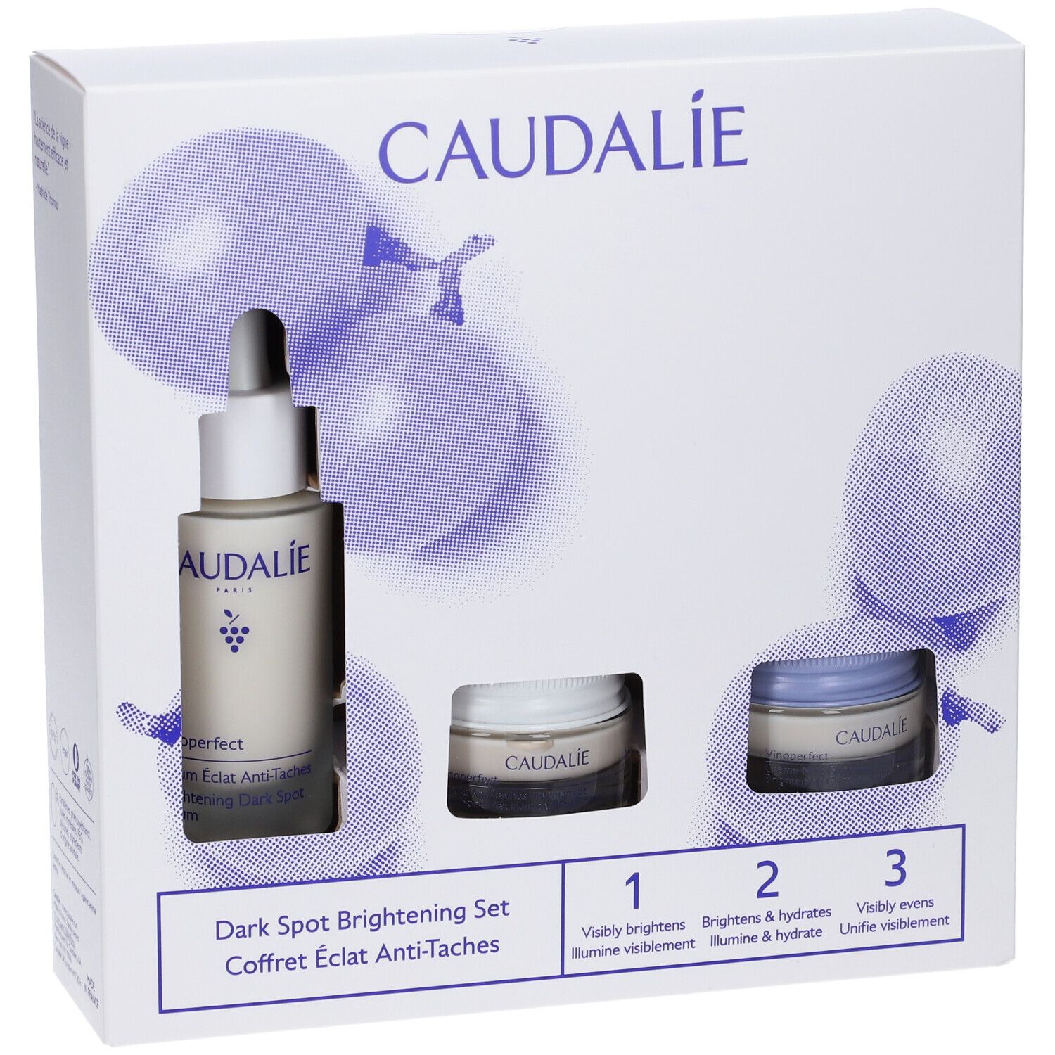 Set regalo Caudalie con tre prodotti cosmetici. Scatola bianca. Set schiarente anti-macchie.