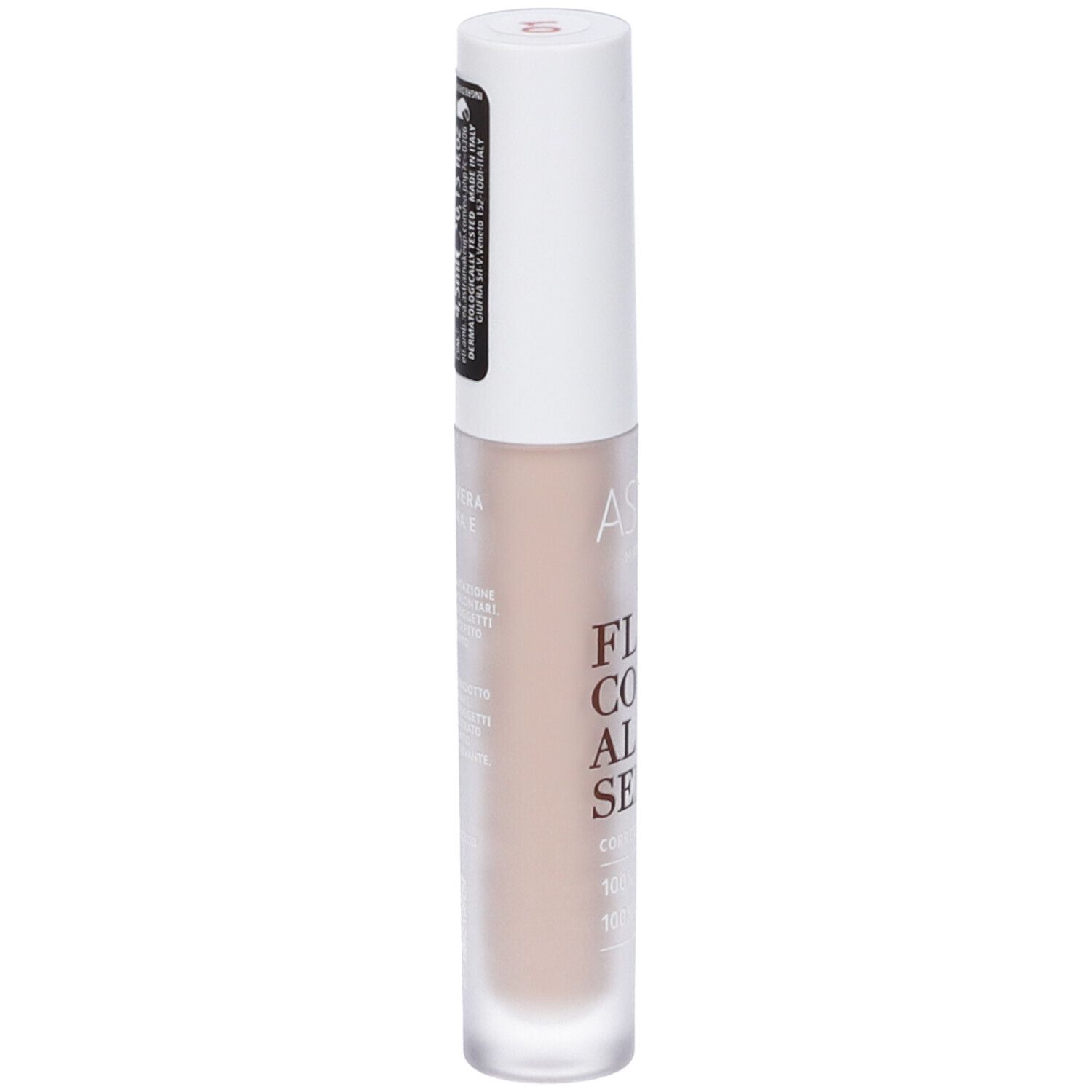 Siero correttore fluido Astra Make-Up. Liquido beige in flacone cilindrico con tappo bianco. Adesivo.