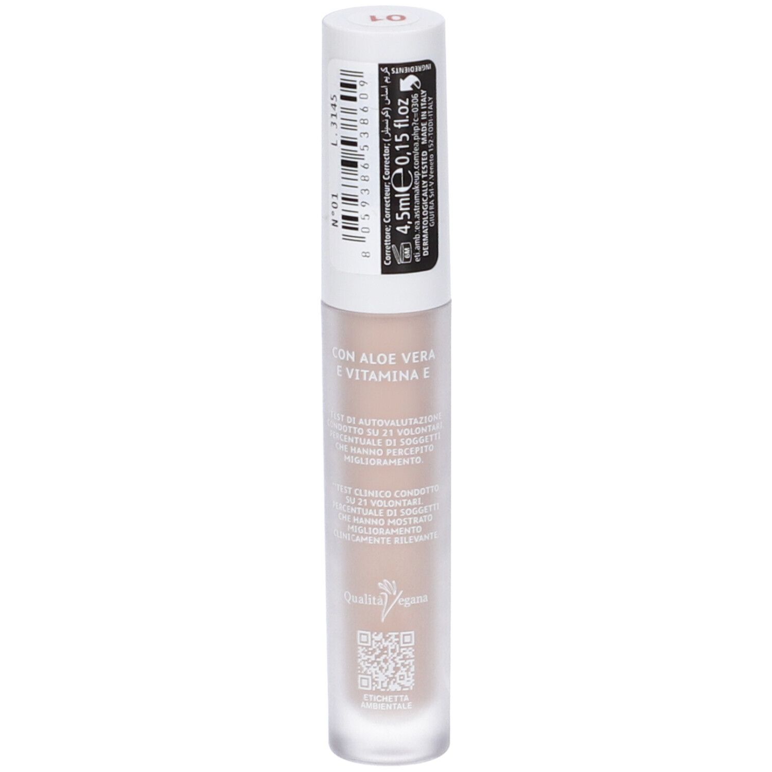 Siero correttore fluido Astra Make-Up. Liquido beige in flacone cilindrico con tappo bianco. Adesivo con testo.