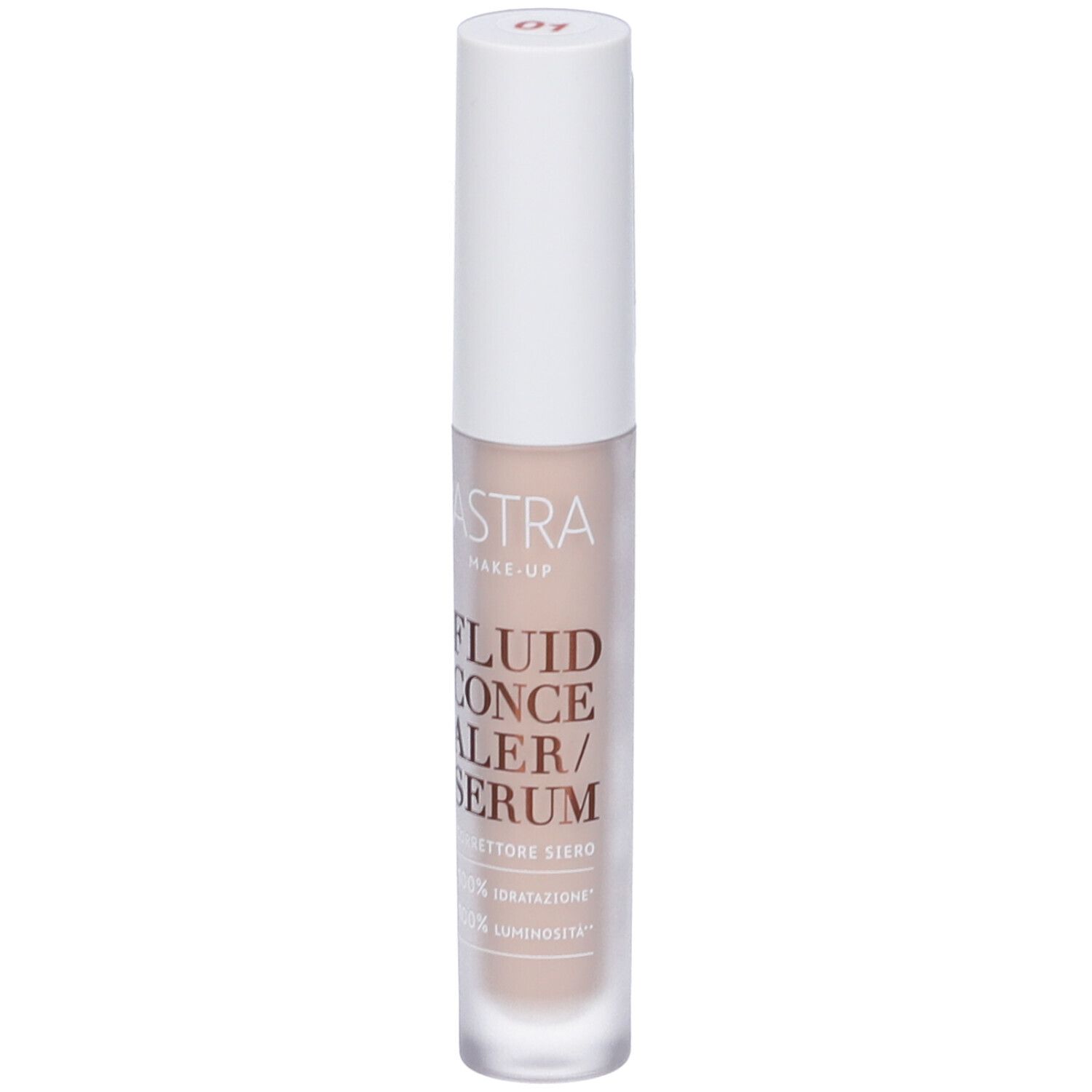 Siero correttore fluido Astra Make-Up. Liquido beige in flacone cilindrico con tappo bianco. Scritta "01".