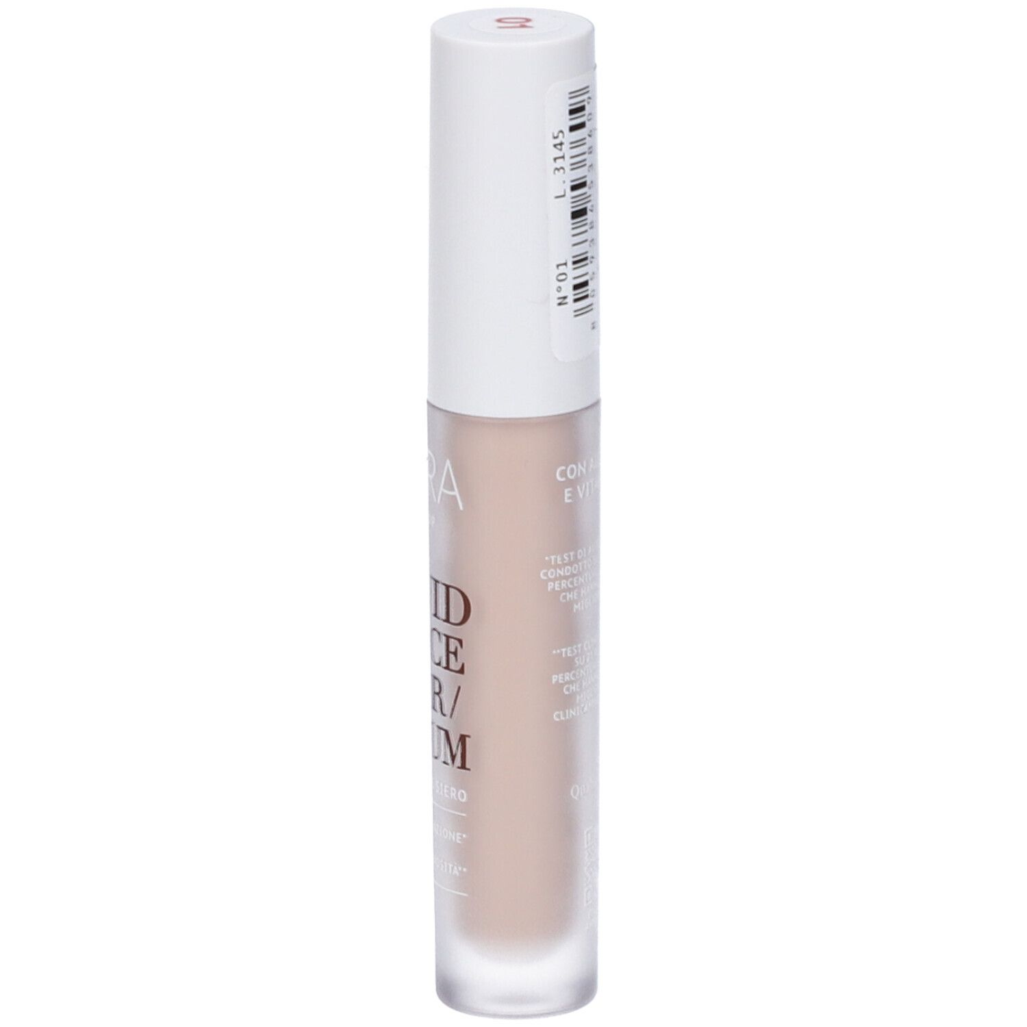 Siero correttore fluido Astra Make-Up. Liquido beige in flacone cilindrico con tappo bianco. Adesivo.