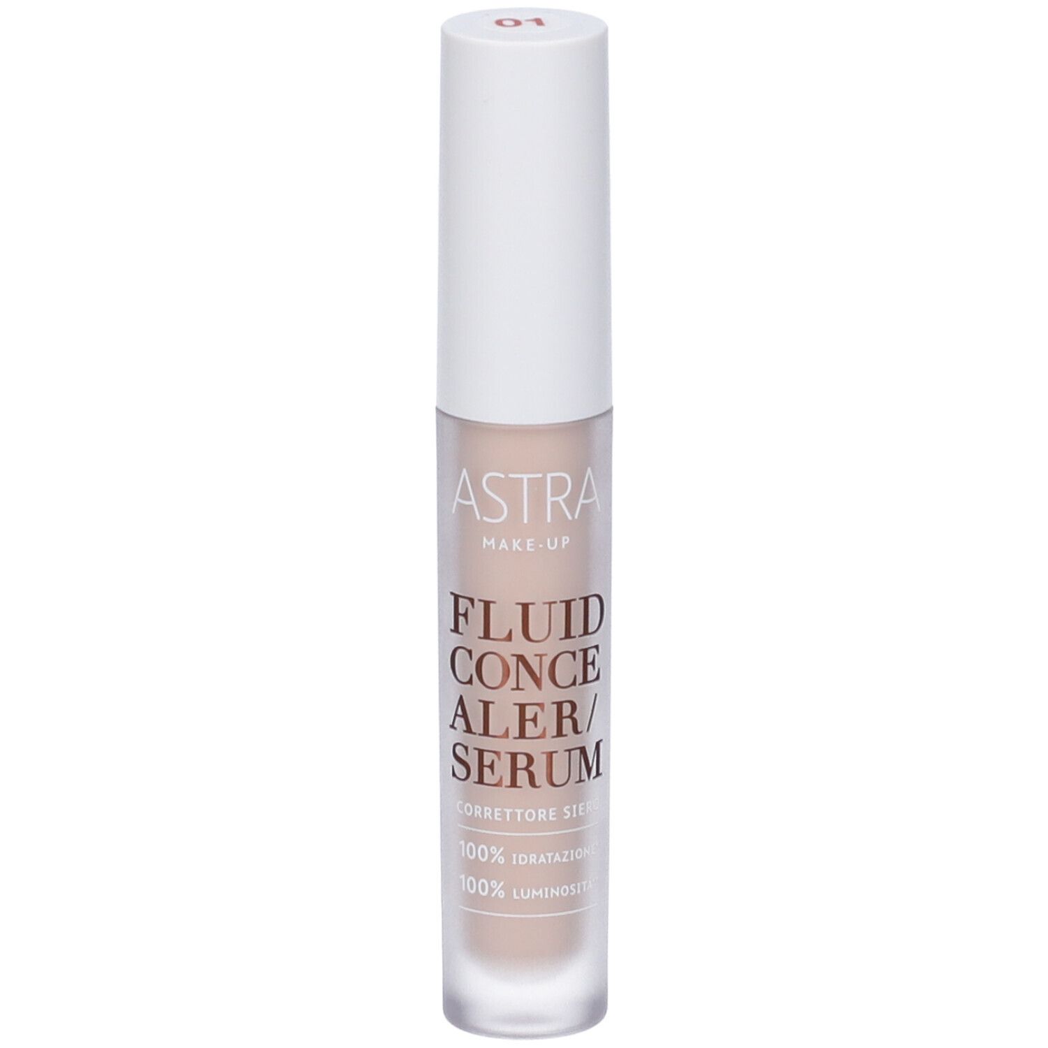 Siero correttore fluido Astra Make-Up. Liquido beige in flacone cilindrico con tappo bianco. Scritta "01".
