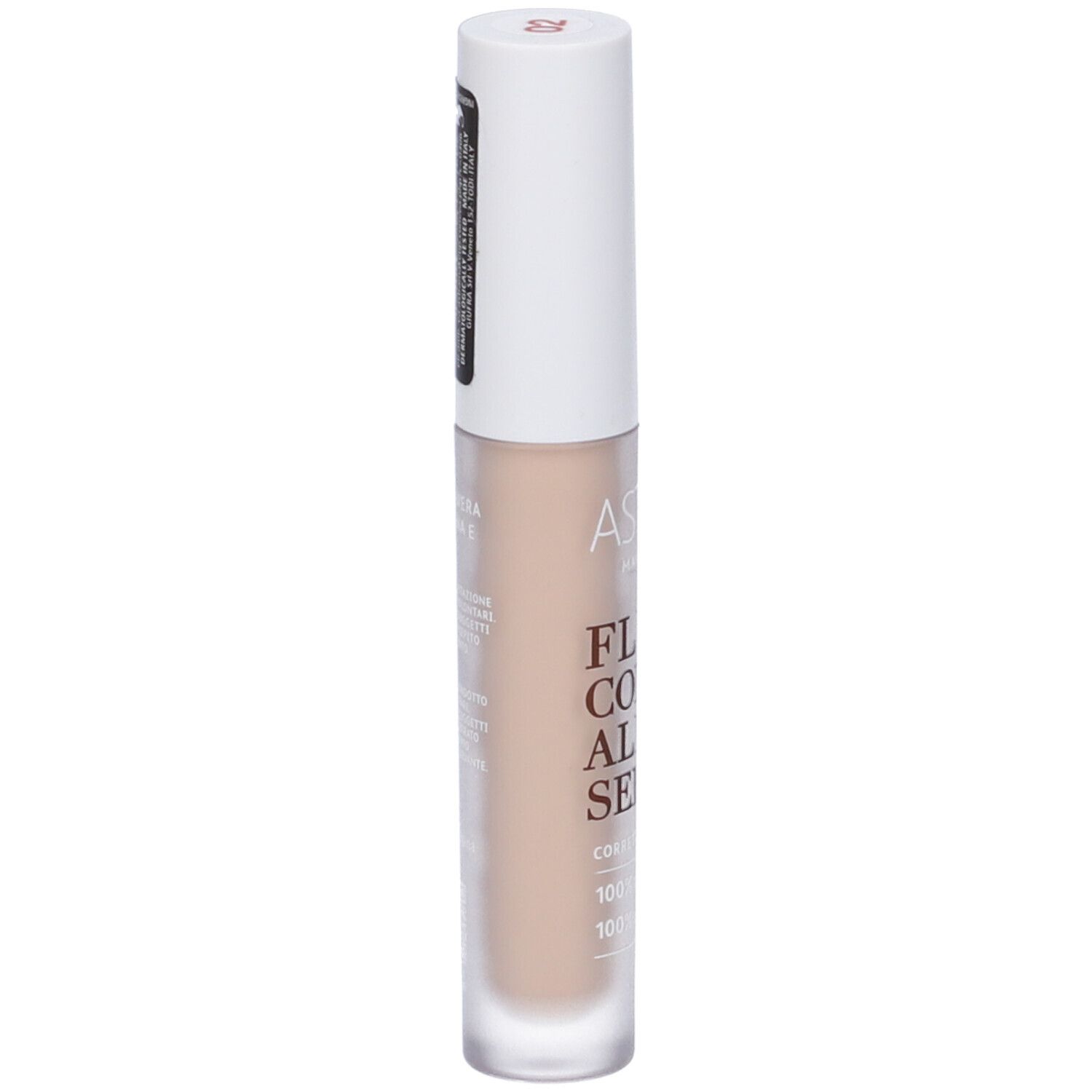 Siero correttore fluido. Tappo bianco, tubo trasparente. Scritta: ASTRA MAKE-UP, FLUID CONCEALER SERUM. Etichetta.