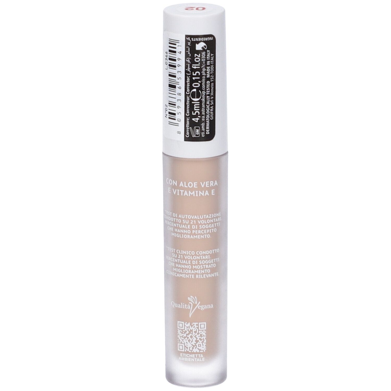 Siero correttore fluido. Tappo bianco, tubo trasparente. Scritta: ASTRA MAKE-UP, FLUID CONCEALER SERUM. Con Aloe Vera.