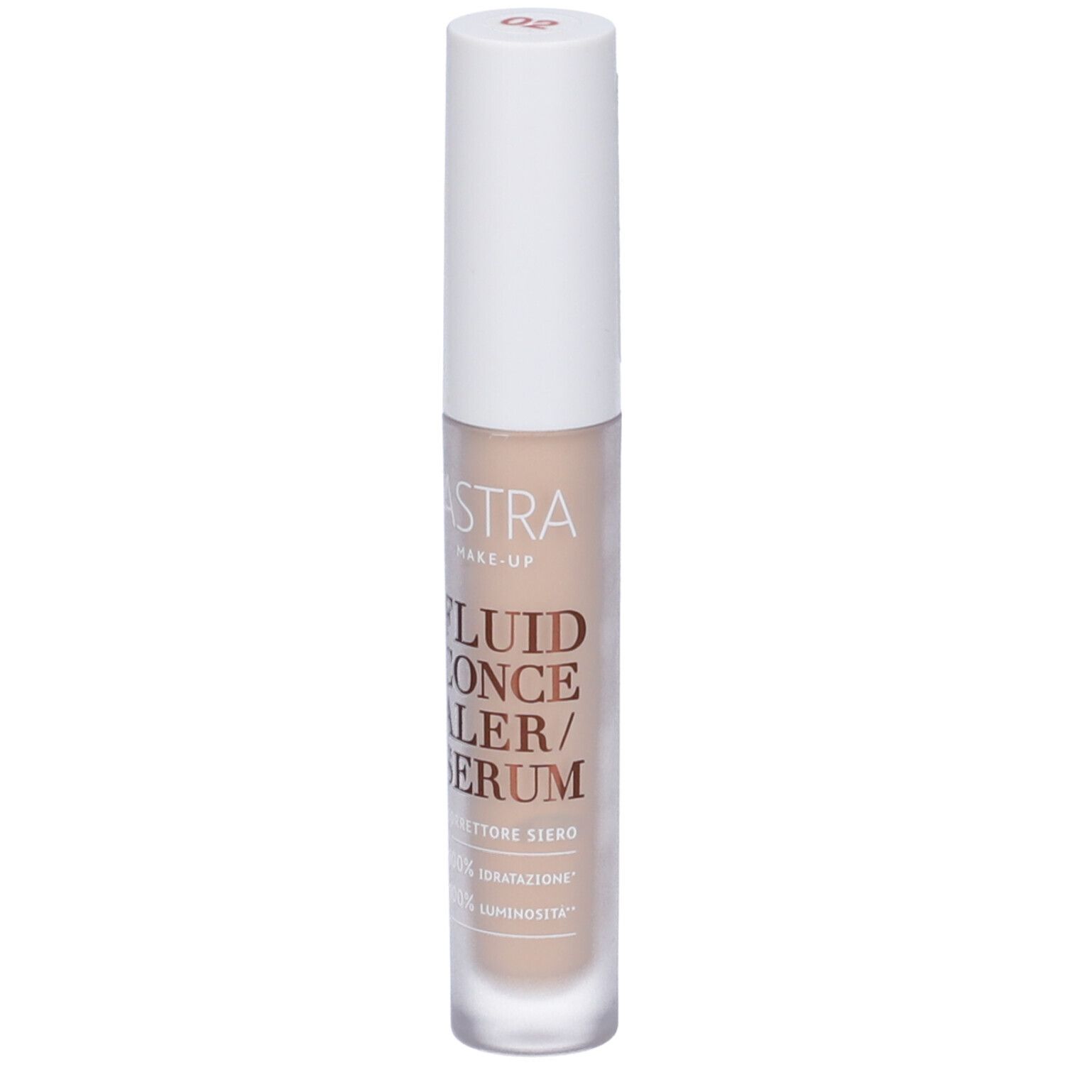 Siero correttore fluido. Tappo bianco, tubo trasparente. Scritta: ASTRA MAKE-UP, FLUID CONCEALER SERUM. Tonalità 02.