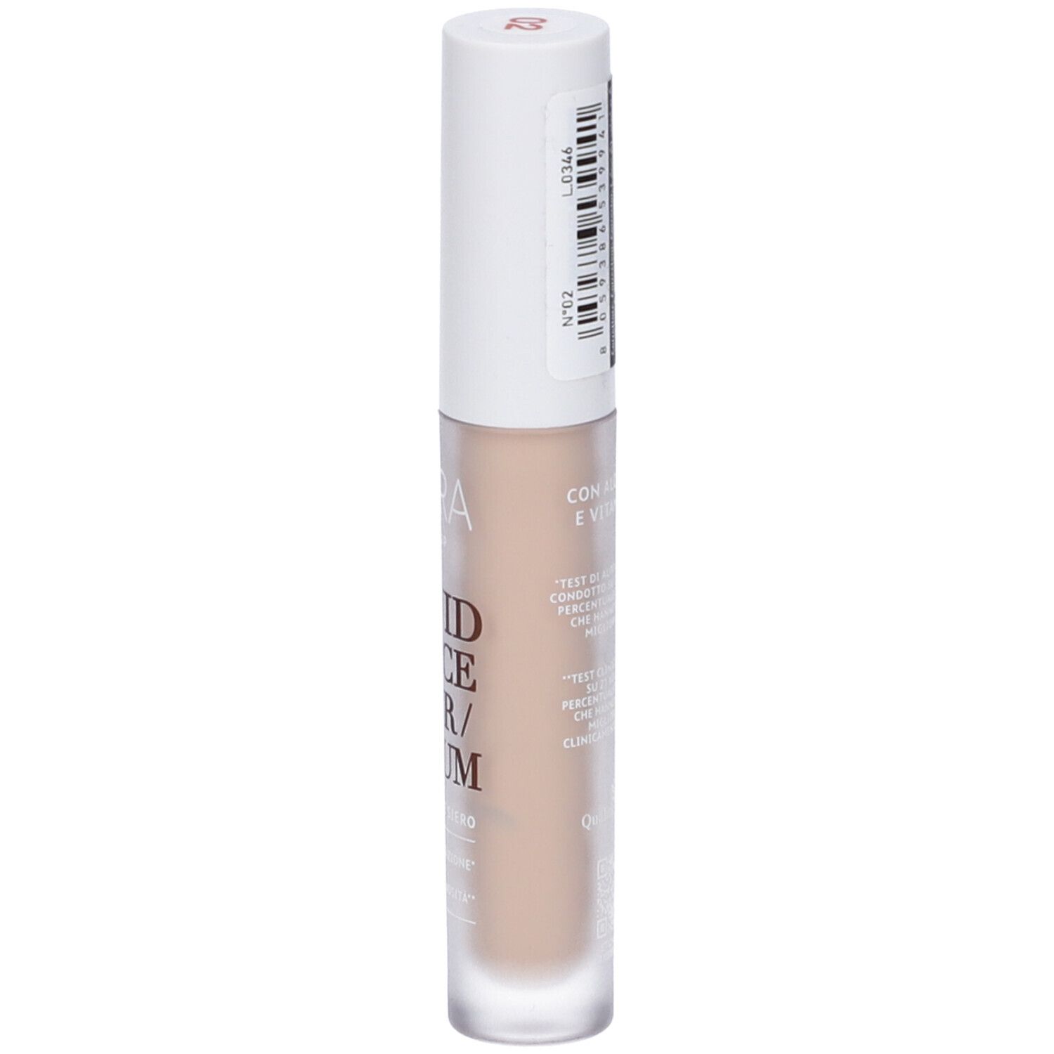 Siero correttore fluido. Tappo bianco, tubo trasparente. Scritta: ASTRA MAKE-UP, FLUID CONCEALER SERUM. Etichetta.