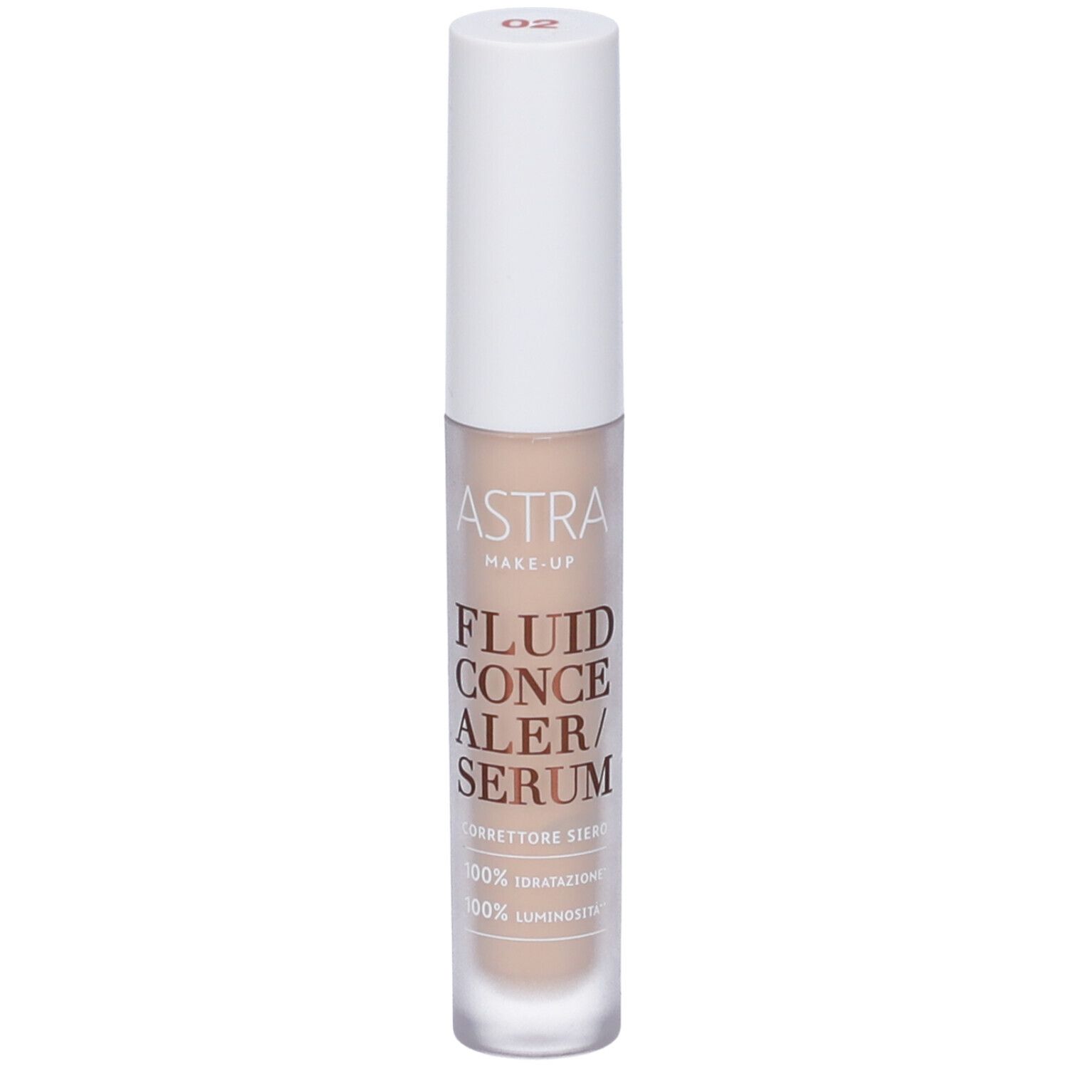 Siero correttore fluido. Tappo bianco, tubo trasparente. Scritta: ASTRA MAKE-UP, FLUID CONCEALER SERUM. Tonalità 02.