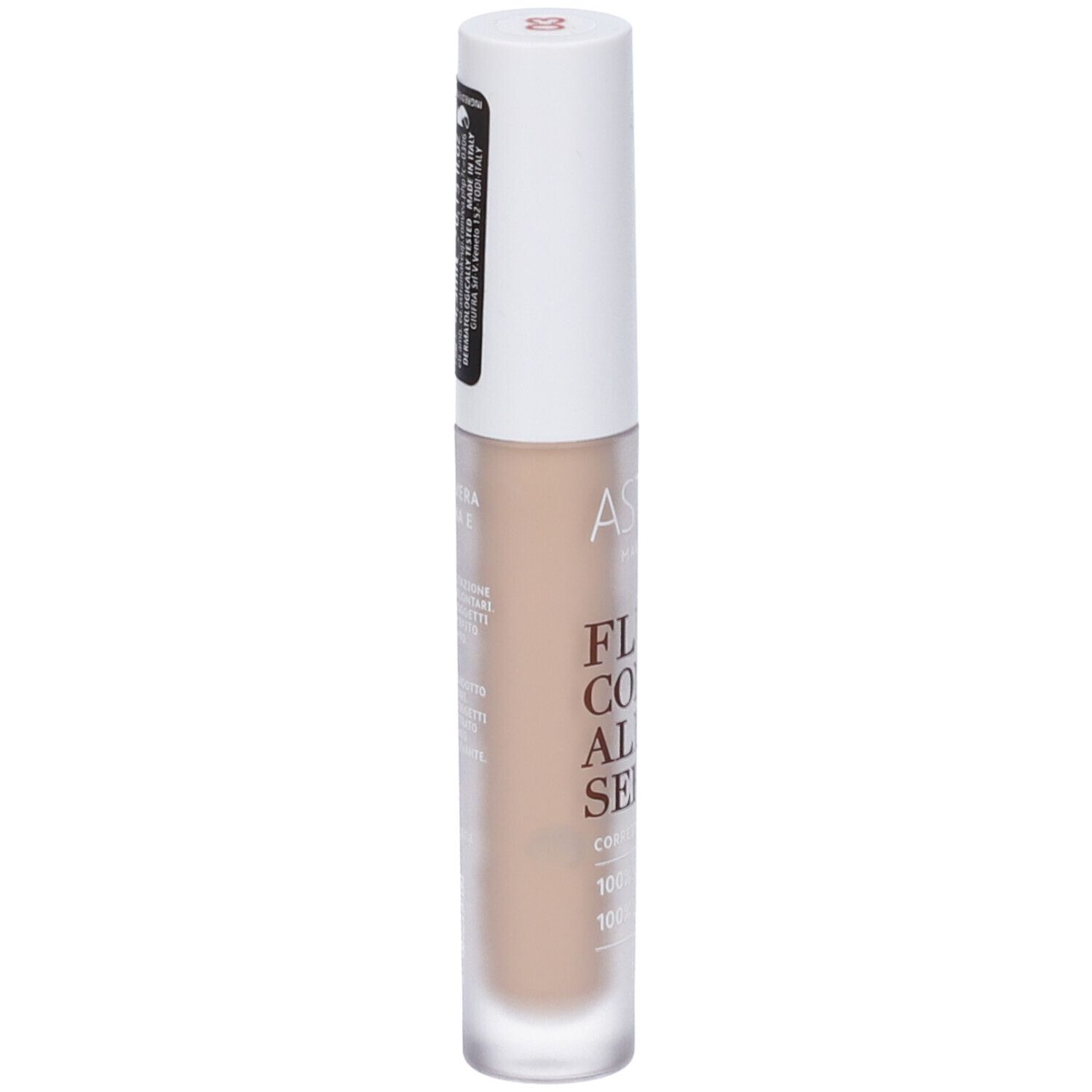 Flacone di siero trucco chiaro, tappo bianco ed etichetta.
