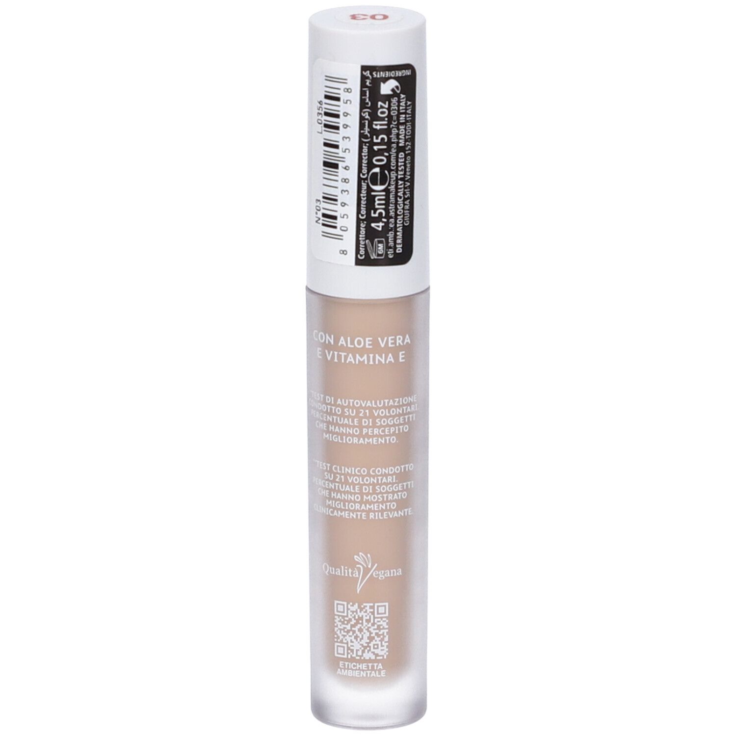 Un applicatore di correttore con tappo bianco e flacone trasparente. Contiene aloe vera e vitamina E. 4,5 ml.