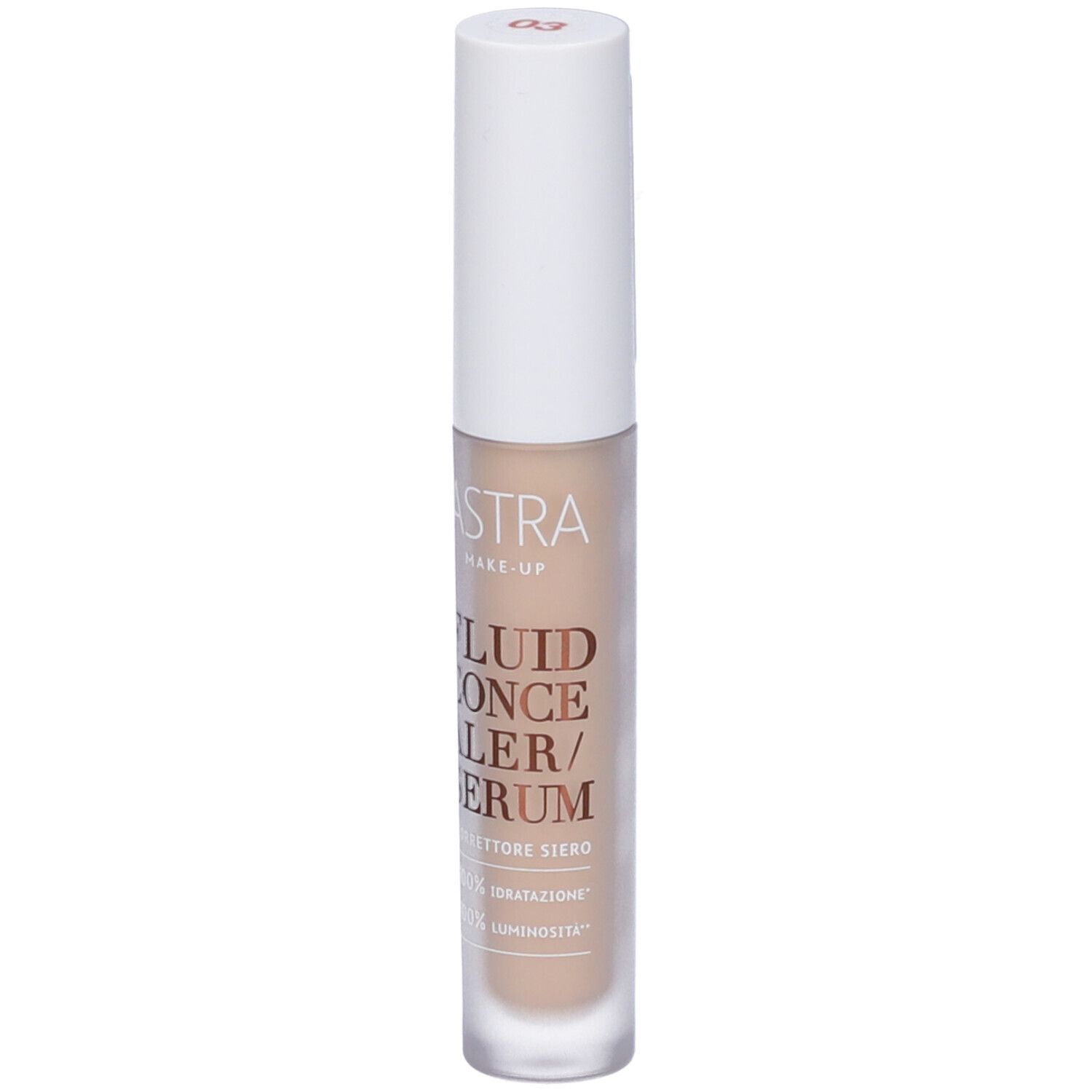 Astra Make-Up Fluid Concealer/Serum in flacone trasparente con tappo bianco. Tonalità 03.