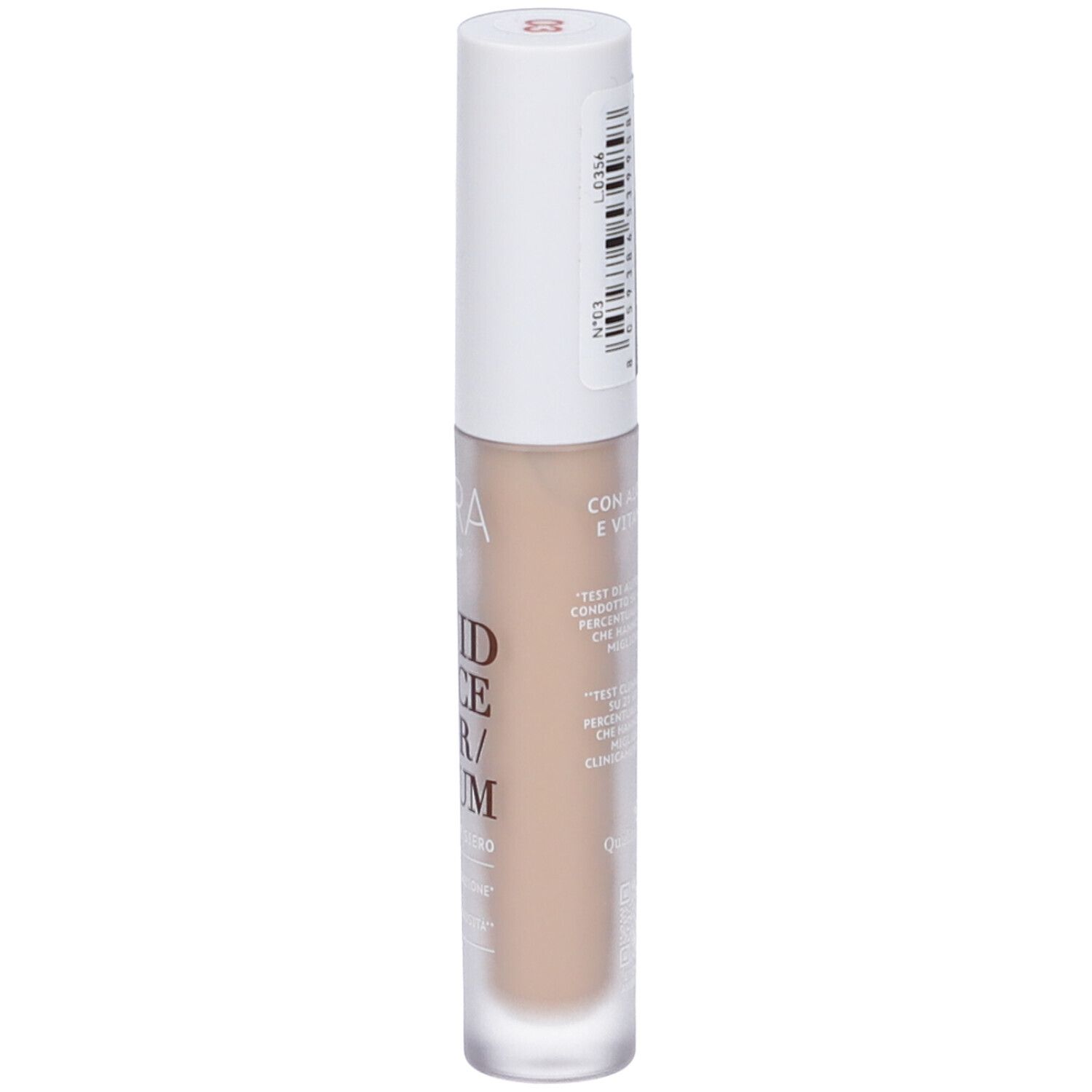 Correttore liquido in flacone trasparente con tappo bianco. La tonalità è beige chiaro.