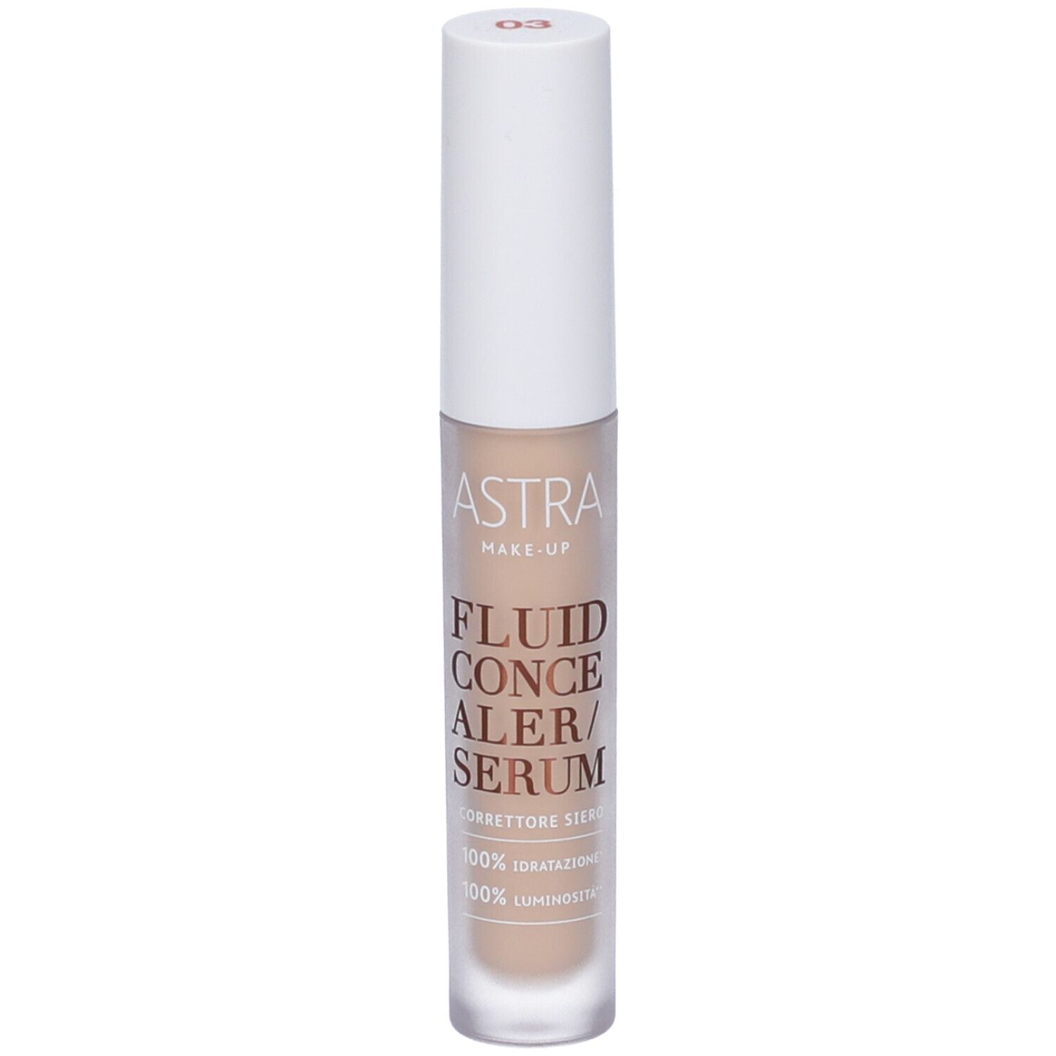 Astra Make-Up Fluid Concealer/Siero in flacone trasparente con tappo bianco. Tonalità 03.