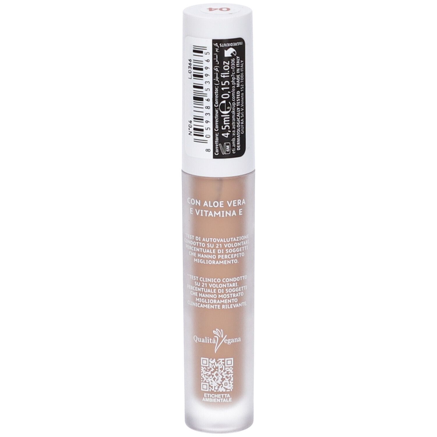 Correttore liquido in flacone trasparente con tappo bianco. Contiene aloe vera e vitamina E.