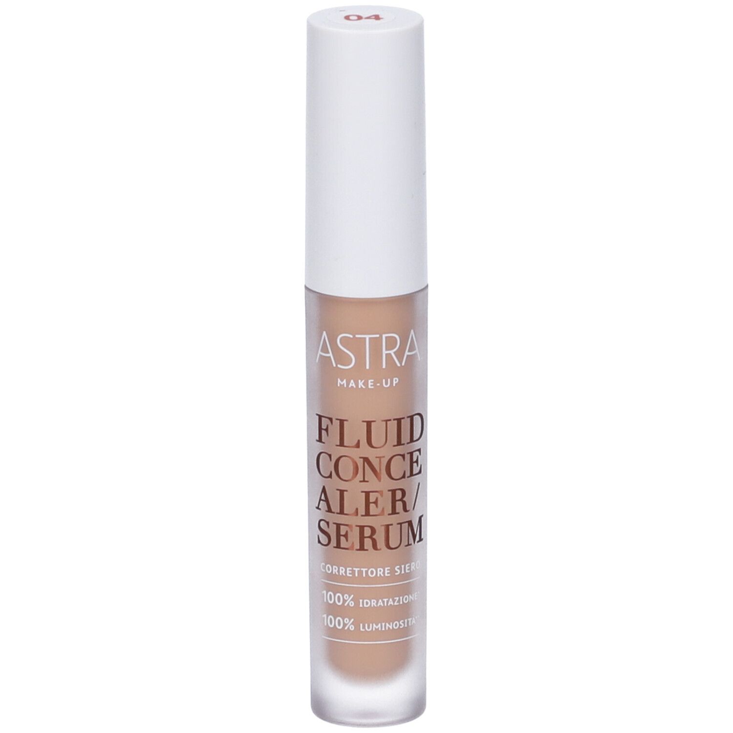 Astra Make-Up Fluid Concealer/Serum in flacone trasparente con tappo bianco. Tonalità 04.