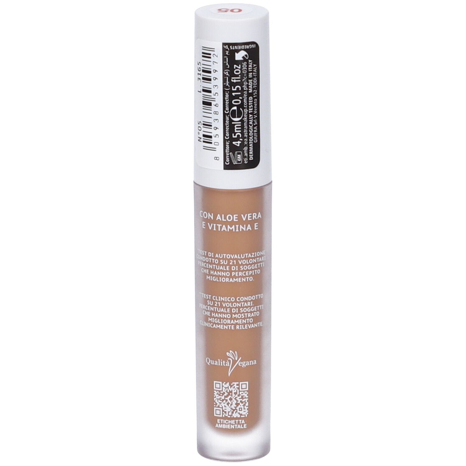 Flacone di correttore liquido color tortora chiaro, con tappo bianco. Contiene aloe vera e vitamina E.