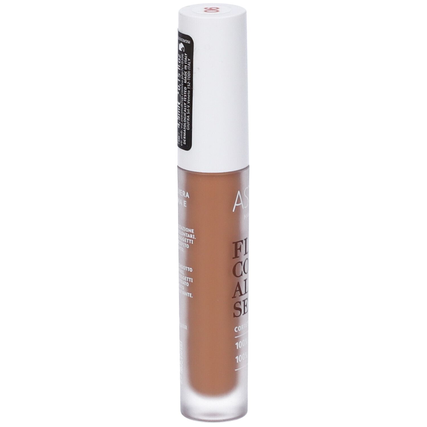 Siero correttore fluido Astra Make-Up. Liquido marrone in flacone di vetro con tappo bianco. Scritta: Fluid Concealer Serum.