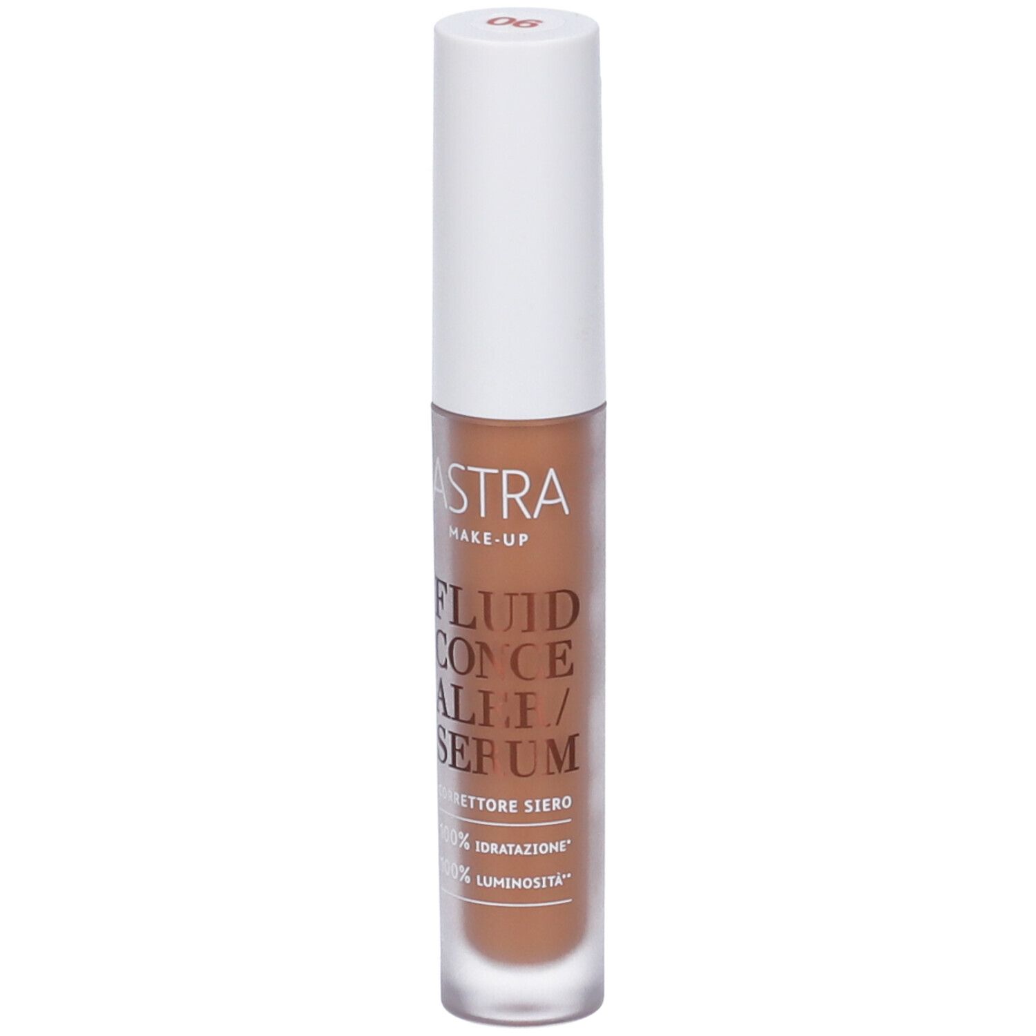 Siero correttore fluido Astra Make-Up. Liquido marrone in flacone di vetro con tappo bianco. Scritta: Fluid Concealer Serum.
