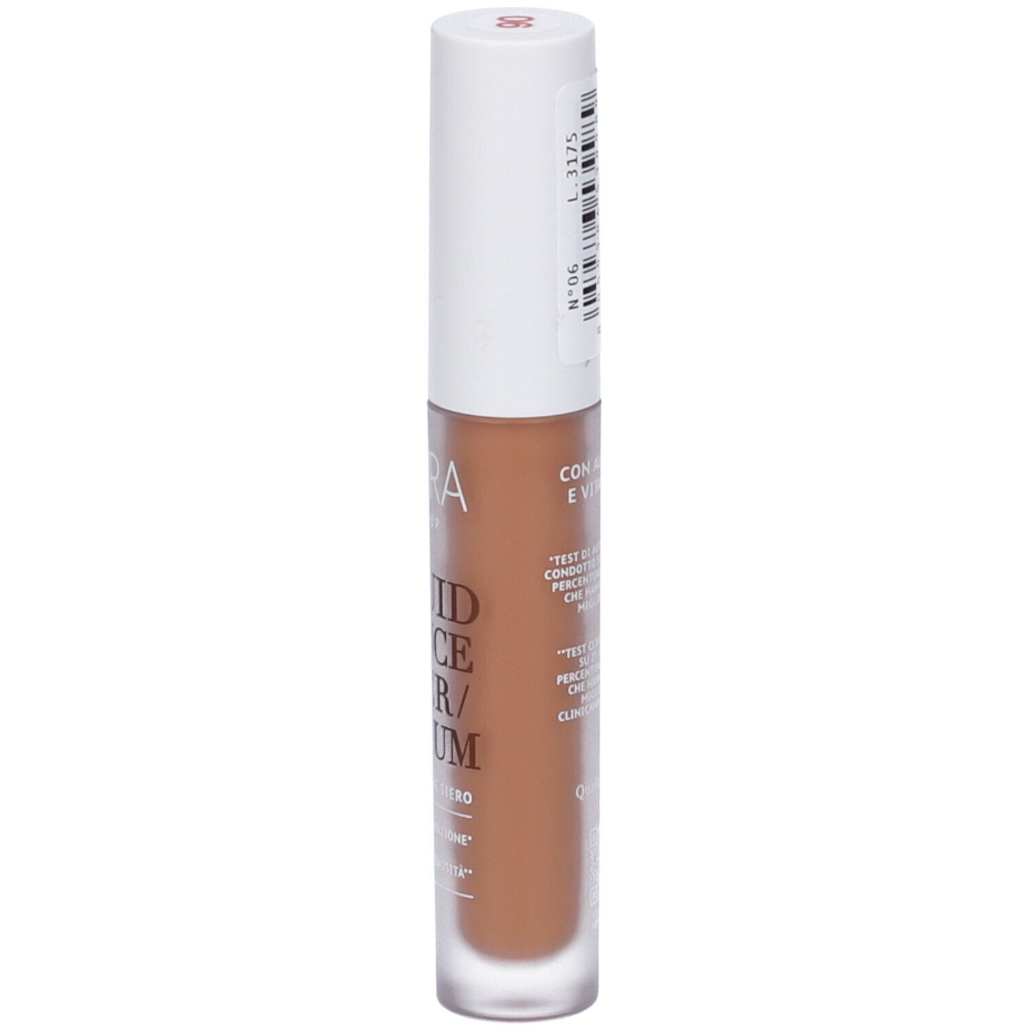 Siero correttore fluido Astra Make-Up. Liquido marrone in flacone di vetro con tappo bianco. Scritta: Fluid Concealer Serum.